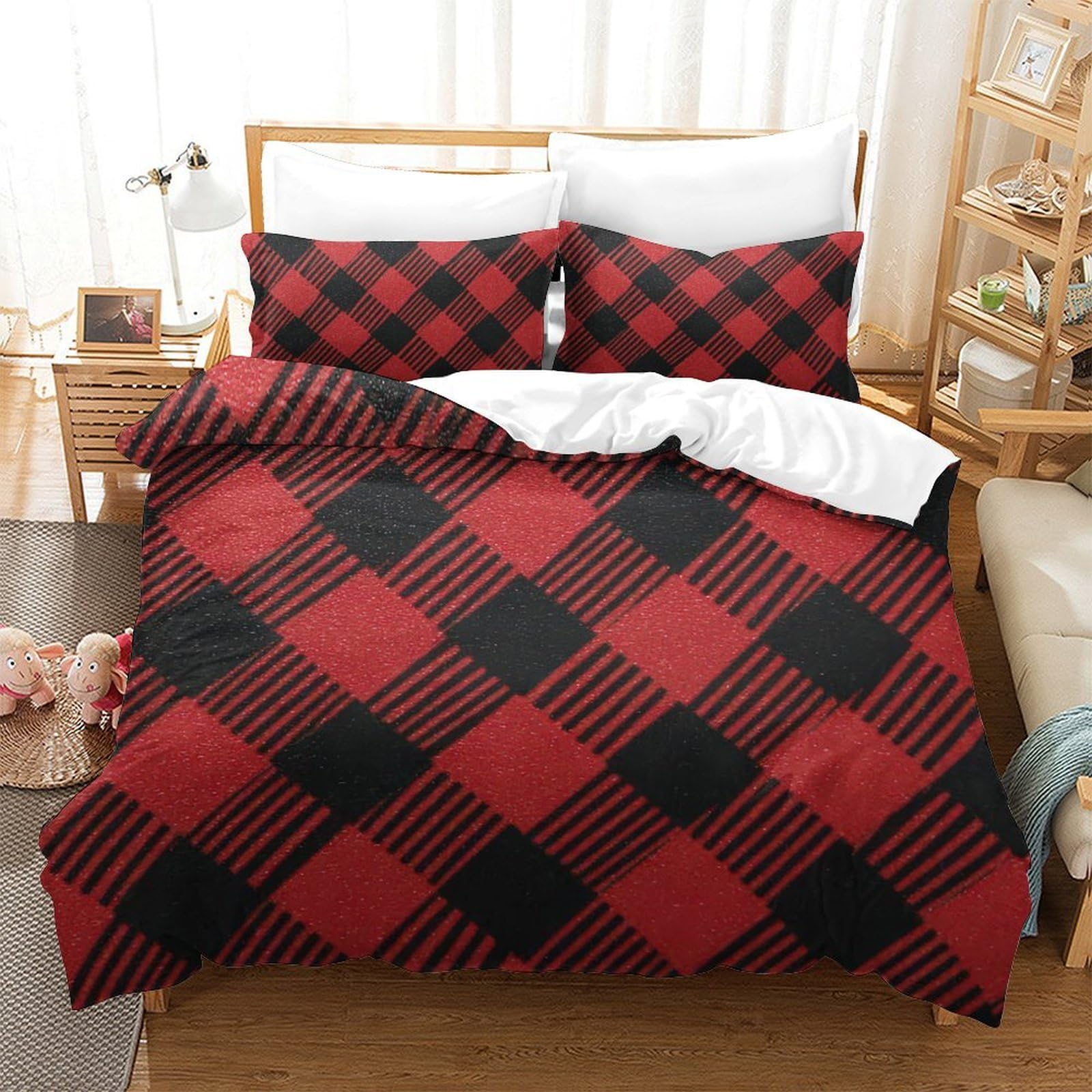 Parure de lit 220x240 cm avec fermeture éclair cachée en microfibre rouge-noir