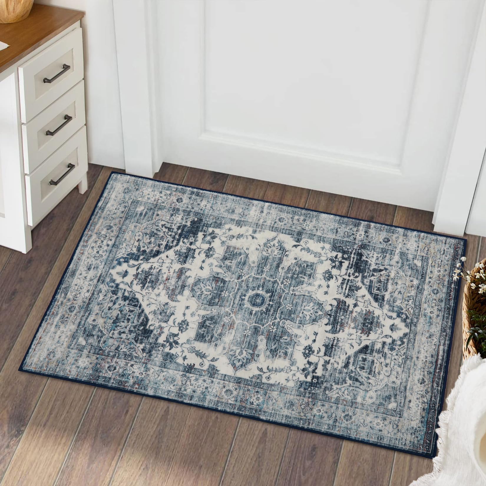 Area Rug Washable Small Entryway Rug Doormat Vintage Distressed Accent Rug Stain Resistant Non-Slip Traditional Medallion Floor Carpet for Front Entrance Kitchen Bathroom, Navy, 2' x 3'
