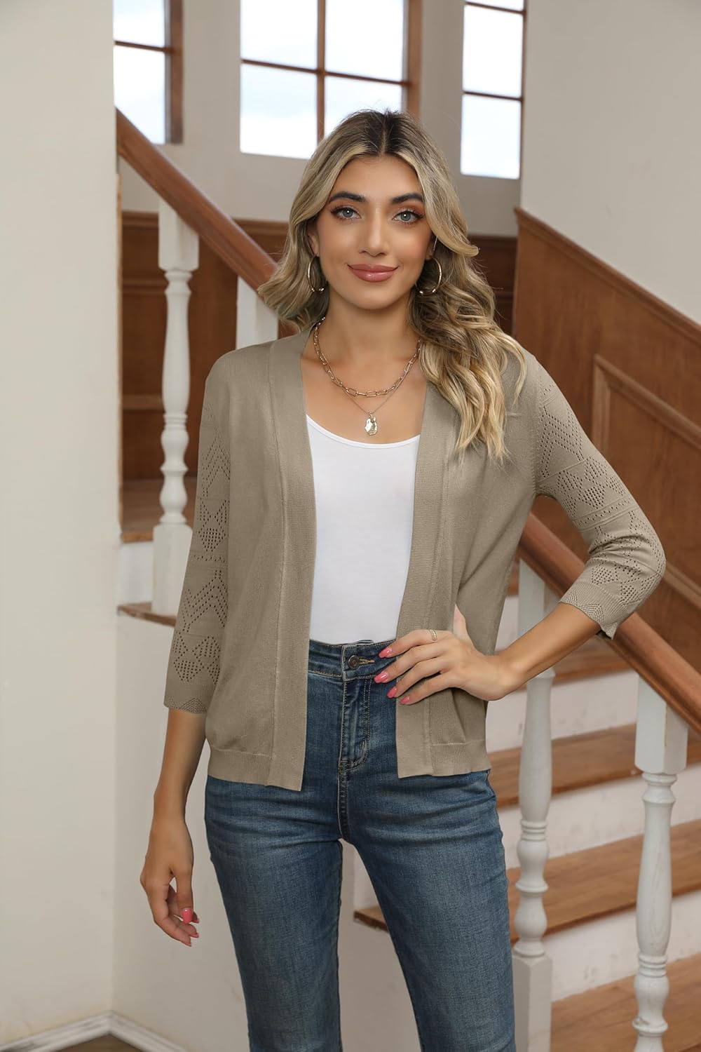 Bettysays Women's Cropped Cardigans Shrugs for Dresses 3/4 Sleeve Lightweight Hollow Out Crochet Knit Sweater Tops - Image 6