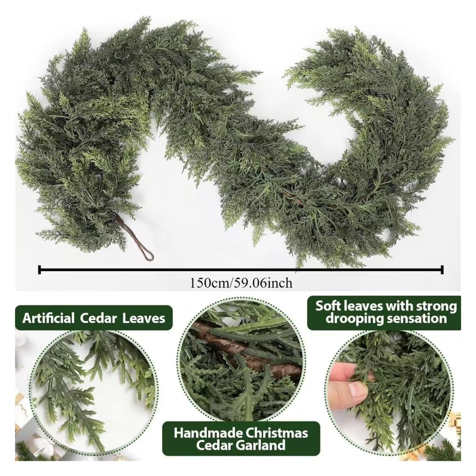 Guirnalda navideña Artificial de 1,8 m con densas Ramas de Cedro, Pino y ciprés, entrelazadas con ratán, Ideal for Decorar la repisa de la Chimenea y la Puerta.(270cm)