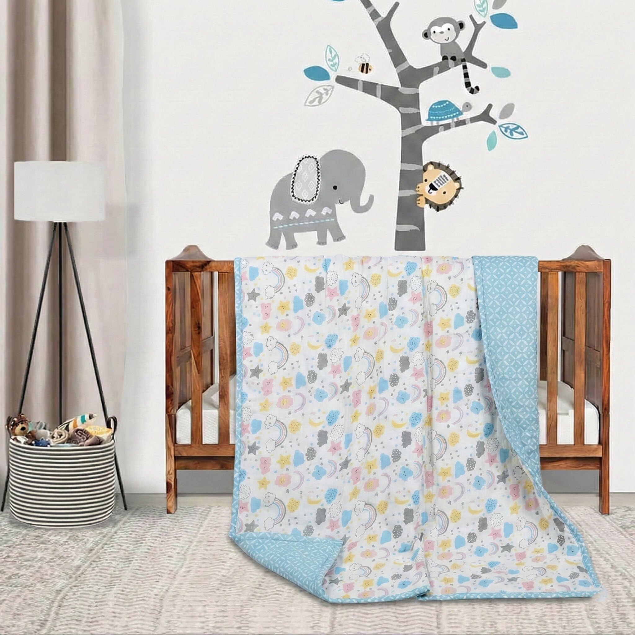 Trance Home Linen Pure Cotton Reversible 200 TC Dohar Toddler Size | Ac Quilt for Babies | Infants - New Born Blanket | Soft Light-Weight Bed Blanket 0-4 Years Kids(140Cm X 100Cm, Summer Dreams Blue)-picture-19