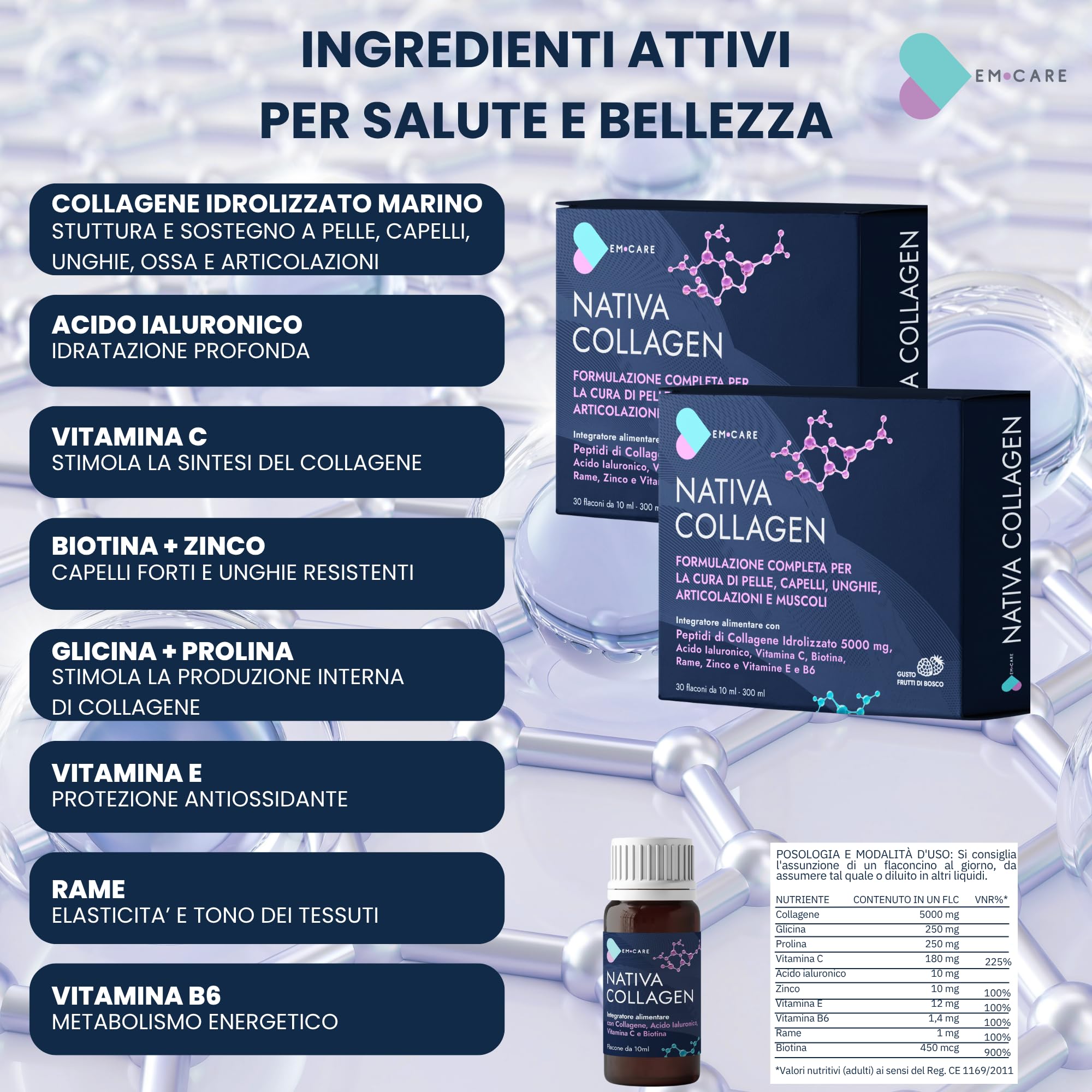 EM CARE Collagene da Bere 5000 mg, 60 Flaconi (2 Mesi) | Collagene Marino Idrolizzato, Con Acido Ialuronico, Vitamina C, Biotina e Zinco, Per Pelle, Capelli, Unghie e Articolazioni