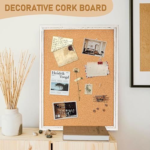Vista 6 de DOLLAR BOSS White Cork Board for Wall - 24 X 18 Inches, Rustic Wooden Frame Bulletin Board, Decorative Hanging Pin Board for Office & Home Decor