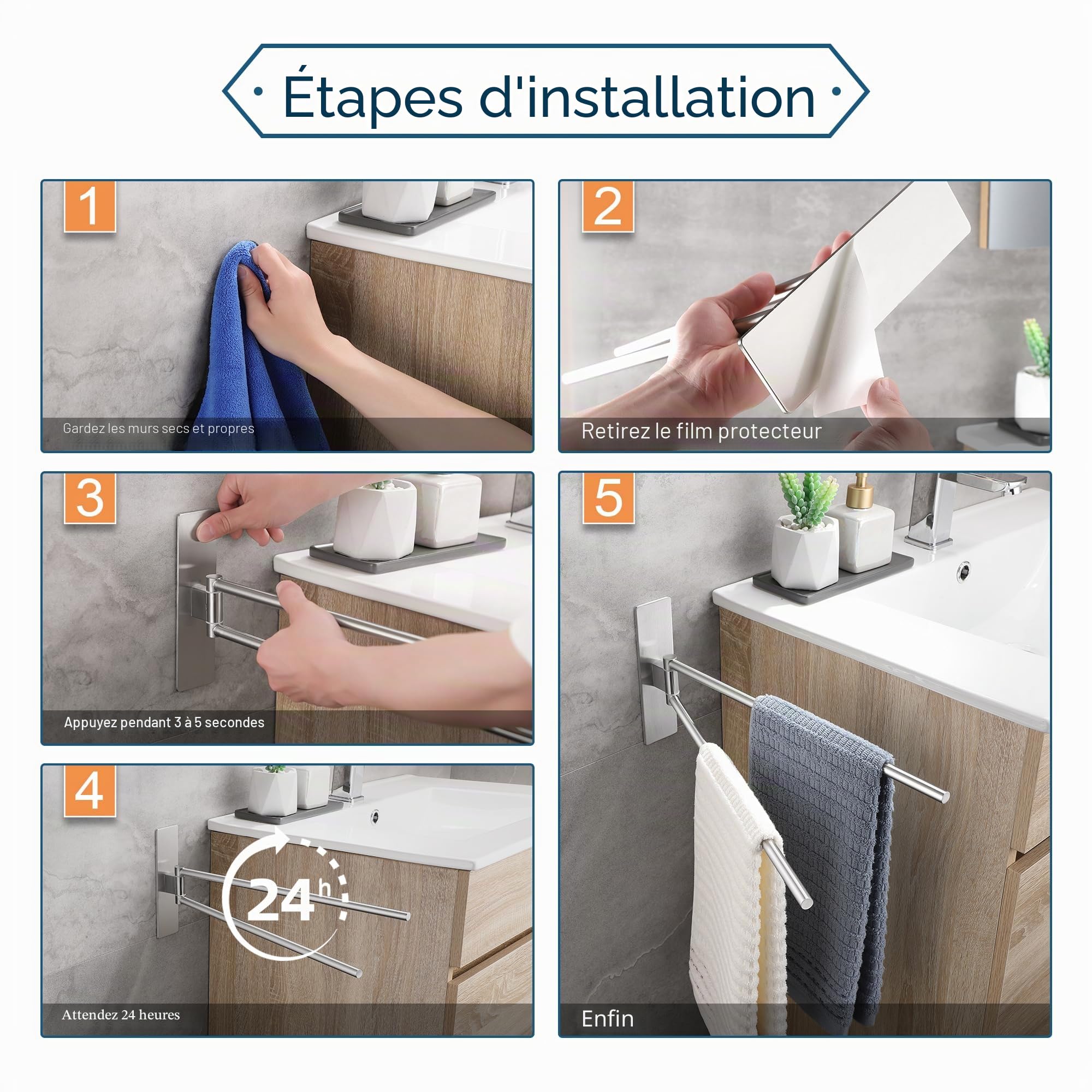 Porte Serviette Pivotant à 180° Salle De Bain sans Percage, Adhesif Double Porte Serviette Acier Inoxydable Mural, Porte Serviettes pour Cuisine, Argent Brossé