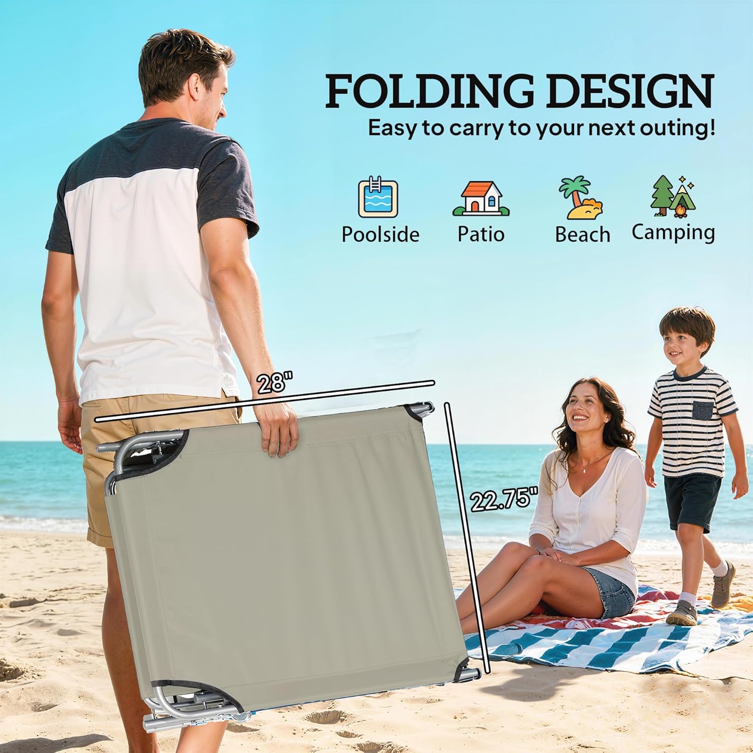 Outsunny Outdoor Lounge Chair, Adjustable Folding Chaise Lounge, Tanning Chair with Sun Shade for Beach, Camping, Hiking, Backyard, Cream White