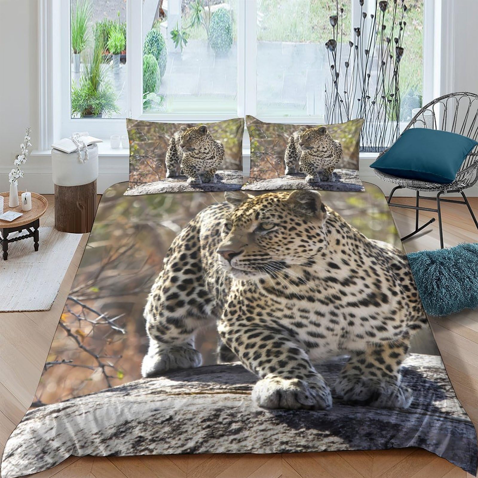 GPLZQXKJNH 3D Printed Leopard Jungle Duvet Cover Microfiber Soft Breathable Forest Animal Bedding Set with 2 Pillowcases for Bedroom Home Decor Single（135x200cm）