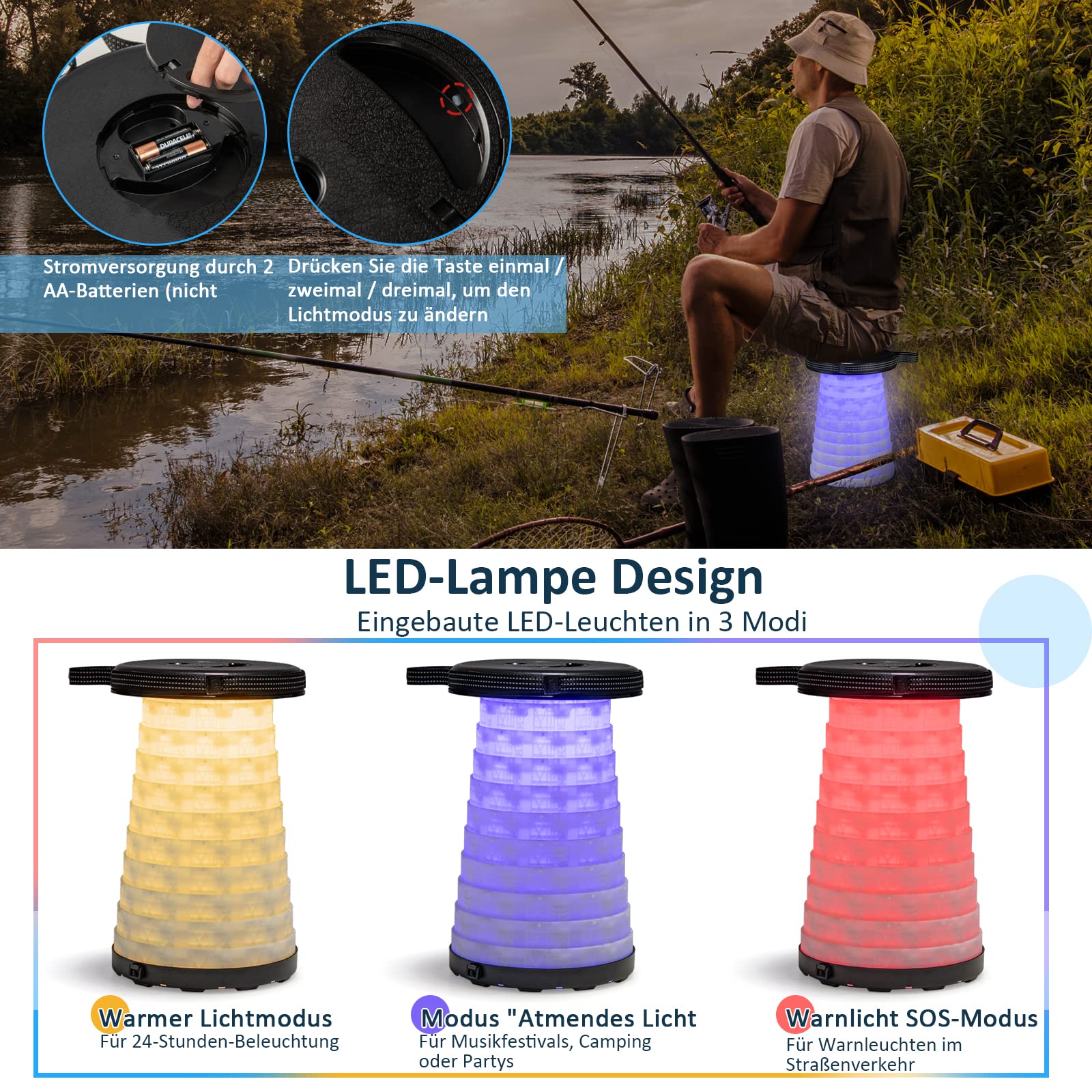 COSTWAY Tragbarer Klapptisch mit 2 LED Teleskophockern, Campingtisch und höhenverstellbarer Hocker, Campinghocker Klapphocker bis 200 kg belastbar, für Camping, Reisen, Angeln