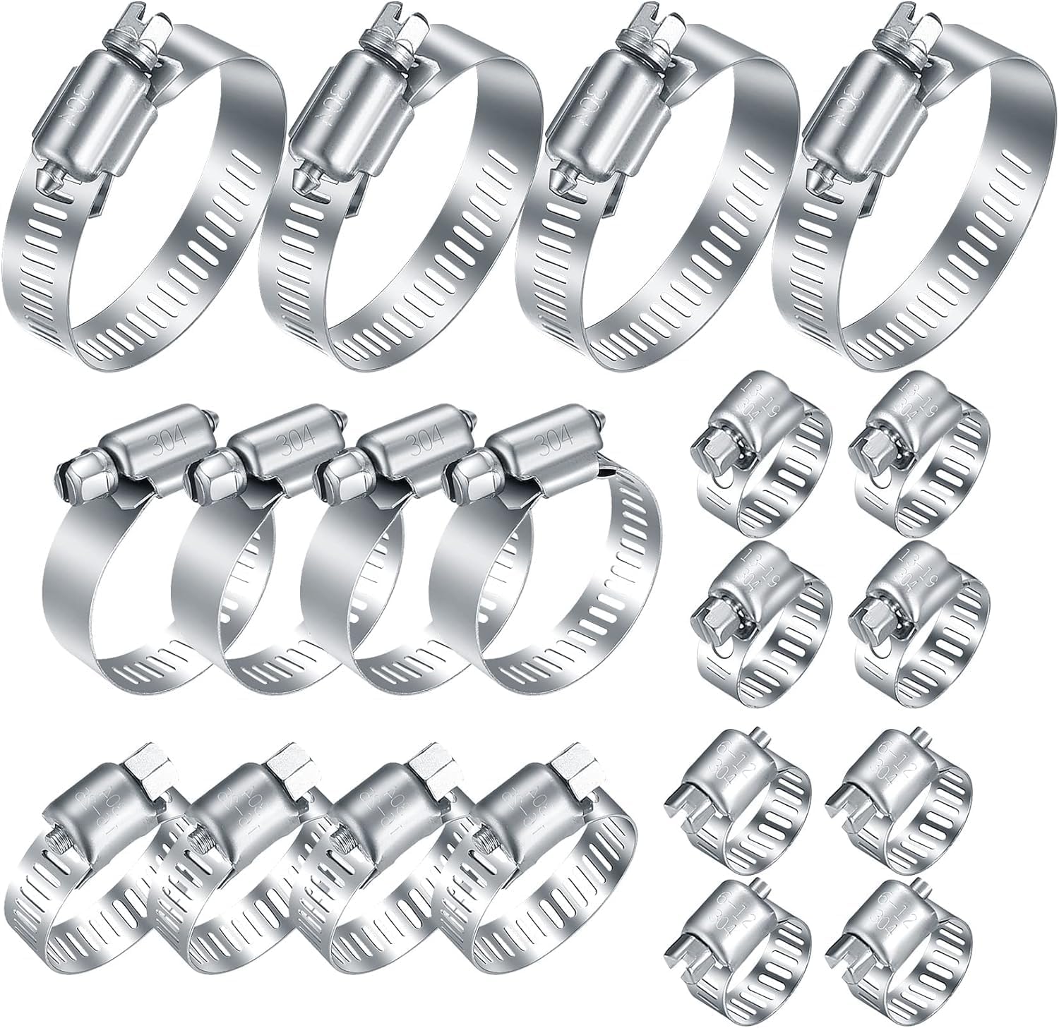 Hose Clips, 6-51mm Hose Clamps, 20 Pcs 304 Stainless Steel Pipe Clamps | Adjustable 5 Size Screw Clamps Assorted Set for Garden, Pool, Pipe Tube, 6-12/13-19/16-25/21-38/27-51mm