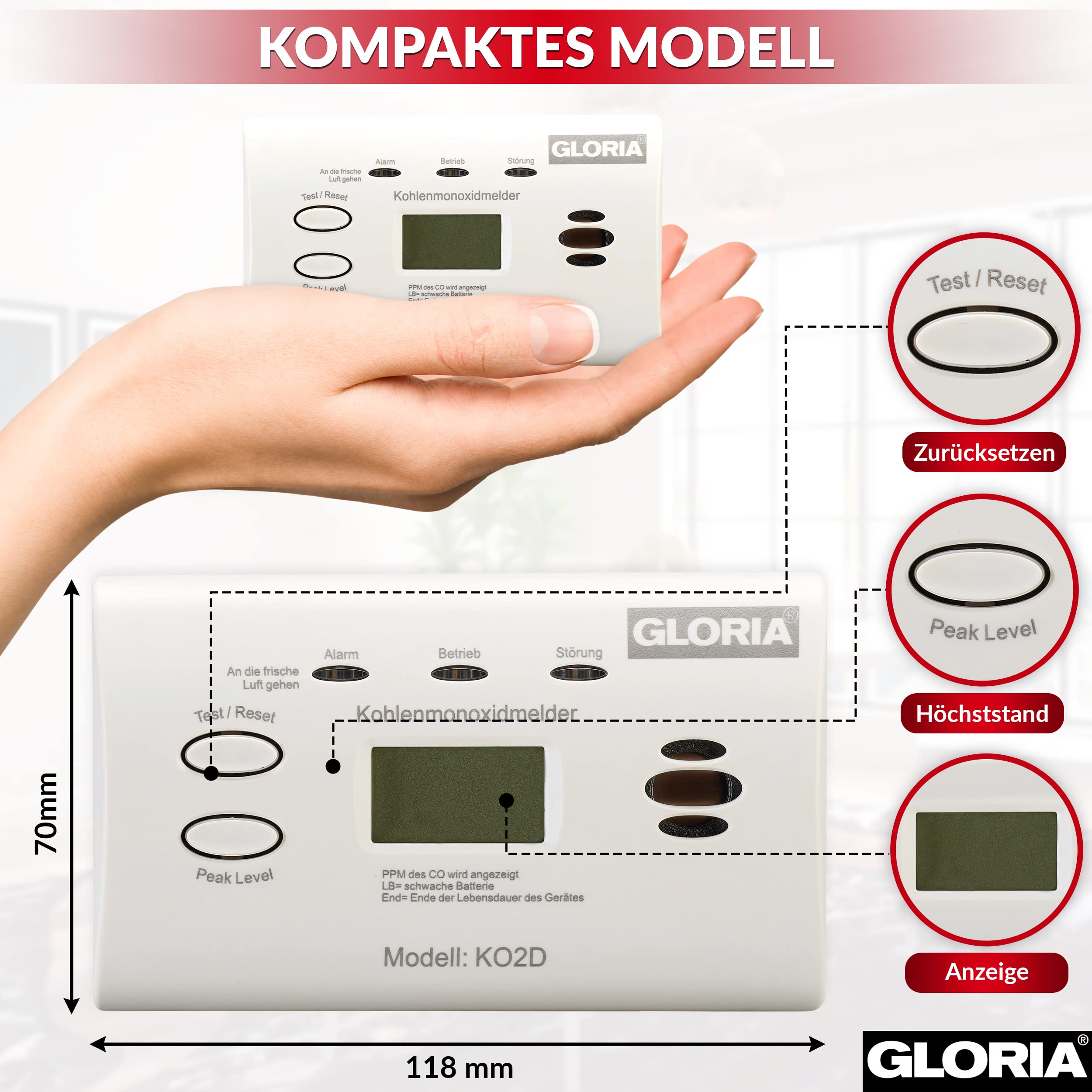 Gloria 2X KO2D Kohlenmonoxidmelder mit 10 Jahren Garantie und wechsebaren AA Batterien