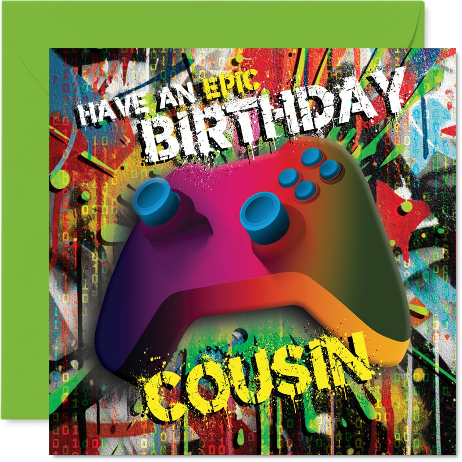 Playful Birthday Card for Cousin - Level Up Their Big Day - Vibrant Gaming Controller Graffiti Design - Bursting with Energetic Colour and Fun - 145mm Square, Envelope Included