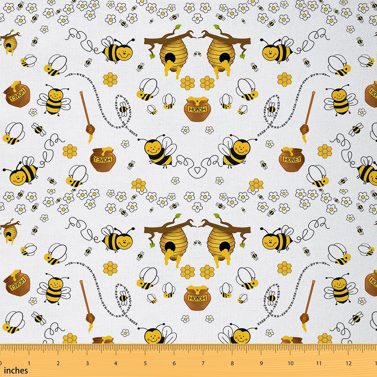 Homemissing Multicolored 25 Cartoon Bee Fabric By The Yard Botanical Flower Floral Honeycomb Upholstery Fabric For Chairs Honey Waterproof Outdoor Fabric 2 Yards (L184*W150cm)