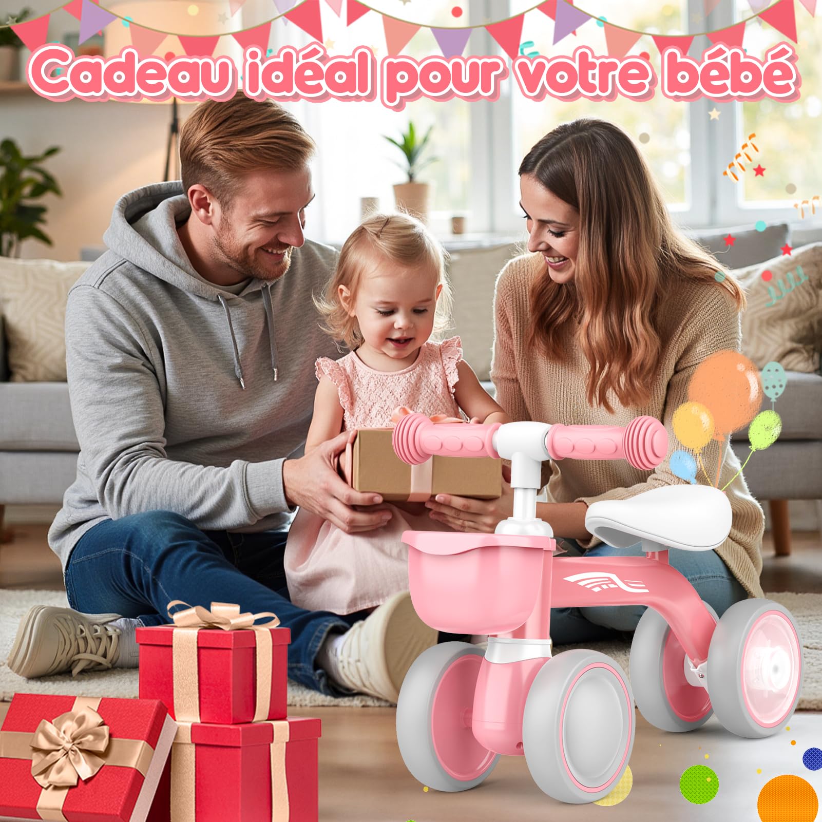 HappyGoLucky Draisienne Bebe 1 2 Ans, Jouet Enfant pour 12-24 Mois, Roues Colorées, Ultra-léger, Vélo avec Panier, Draisienne Jouet Fille 1 2 Ans, Cadeau pour 12-24 Mois, Cadeaux de Noël Enfant