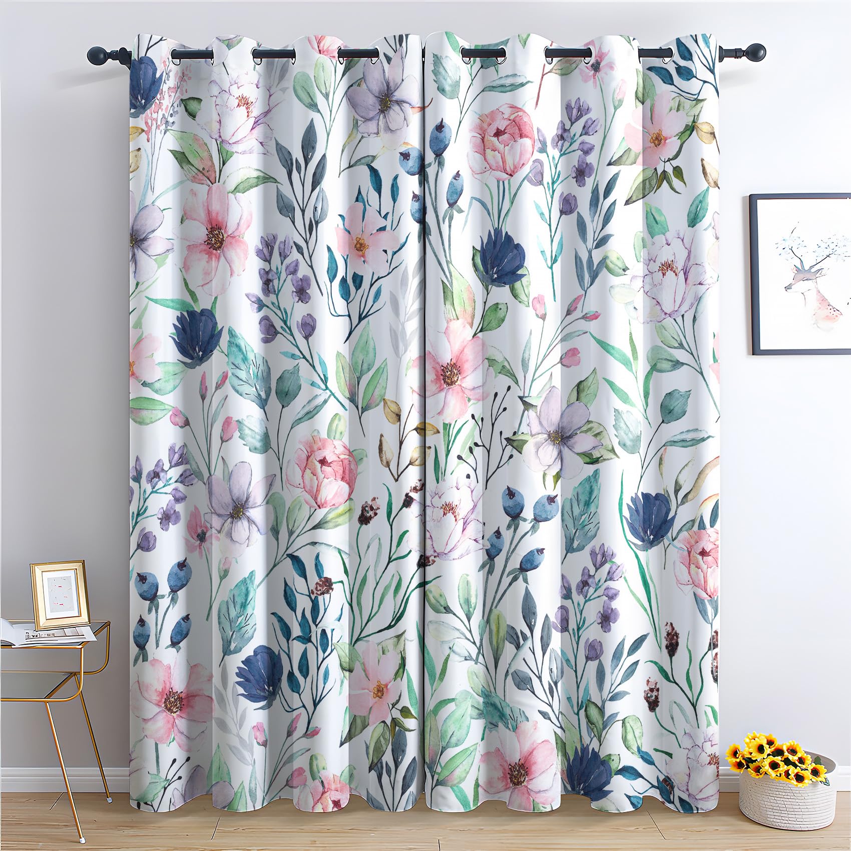 THYUNQ Floral Curtains, Blackout Curtains for Bedroom Living Room 84 Drop, Thermal Insulated Eyelet Drapes, Patterned Window Treatments, 52x84 Inch (W X L), 2 Panels