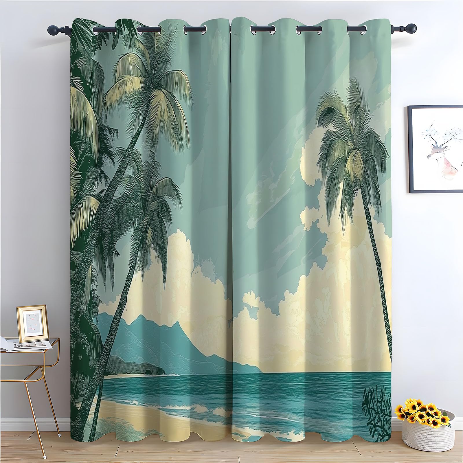 WIKEO Floral Curtains for Living Room Tropical Beach Trees Botanical Blackout Curtain,Thermal Insulated Long Farmhouse Print Decorative Grommet Drapes, 2 Panels-52 W x 96" L (Pack of 2)