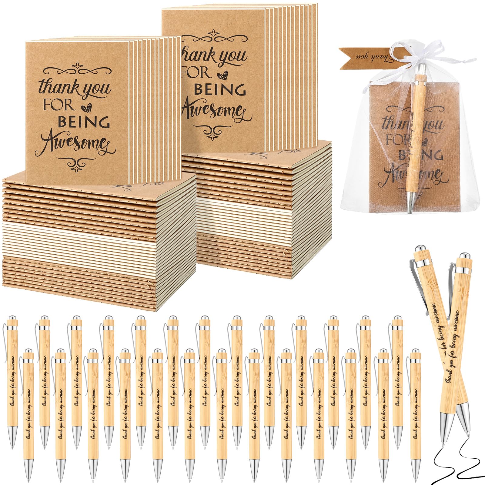 Fulmoon 60 Sets Inspirational Gift Set Include 60 Pcs Motivational Mini Notebooks 60 Pcs Ballpoint Pen 60 Pcs Thank You Tags and 60 Pcs Small Mesh Bags for Employee Appreciation, Back to School Gifts