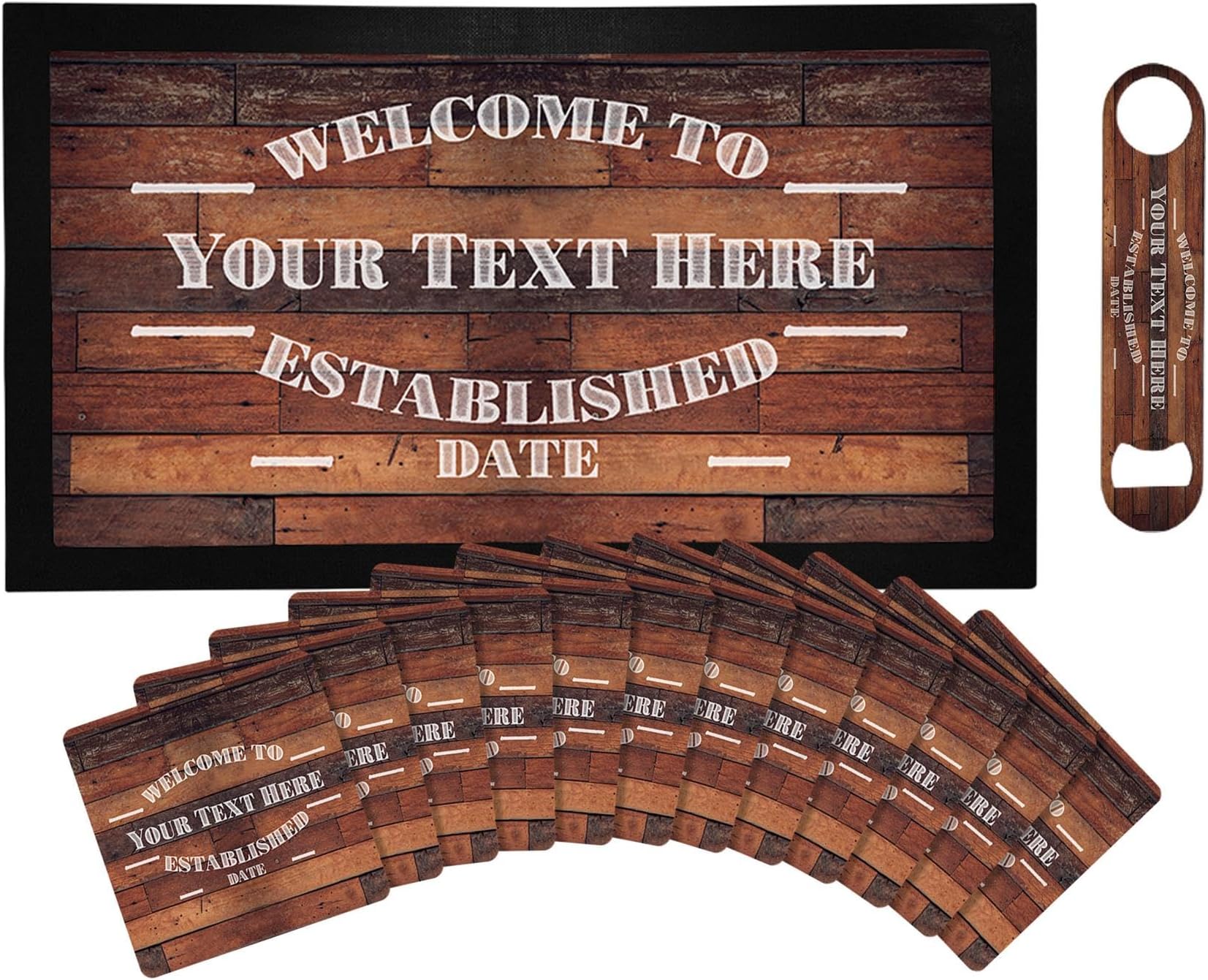 Personalised Bar Runner Mat, Matching Bottle Opener & 12 x Beer Mats Gift Set