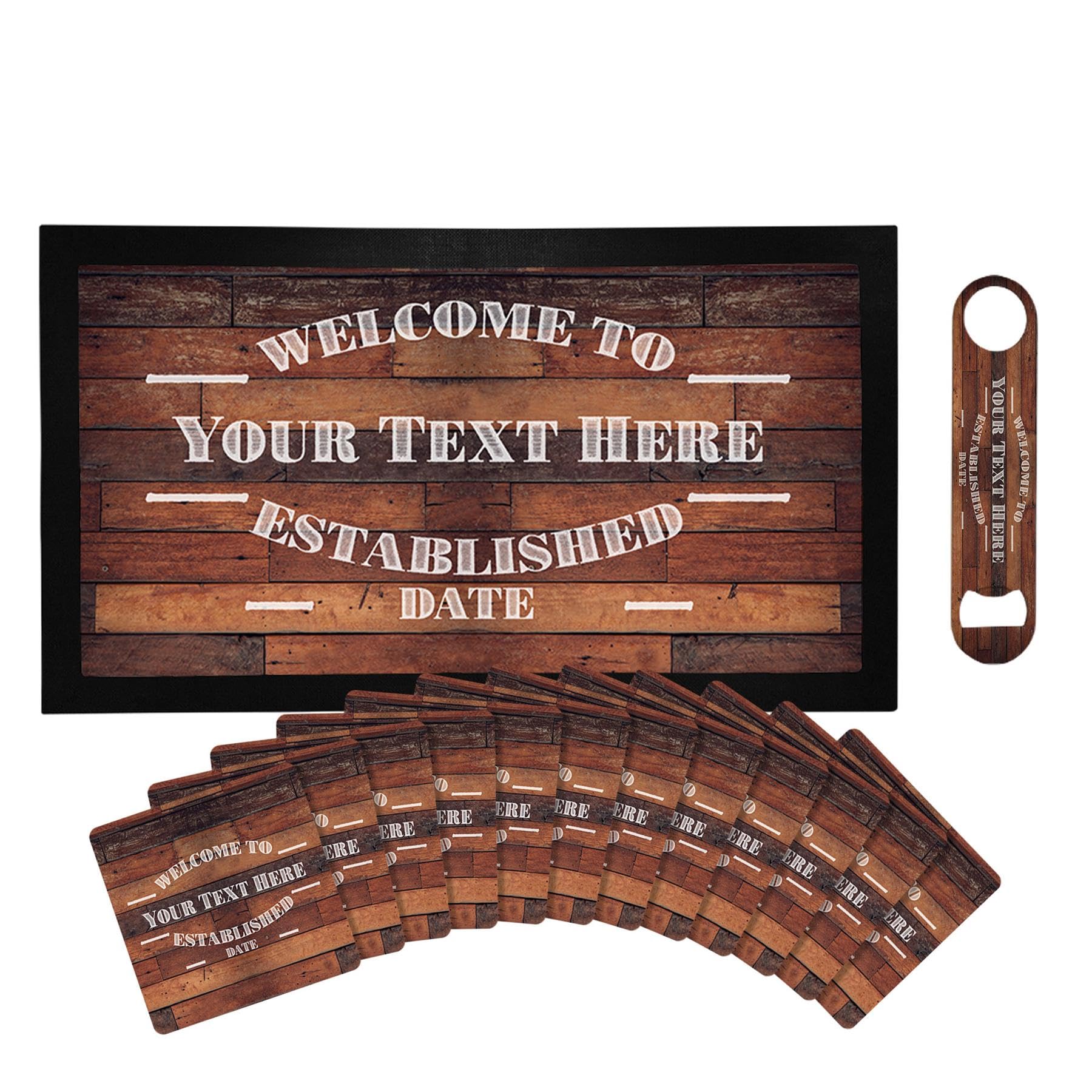 Personalised Bar Runner Mat, Matching Bottle Opener & 12 x Beer Mats Gift Set - Beer Gifts Home Bar Accessories for Pub Bars Man Cave Him Her - BRS-A1273 - ADD YOUR TEXT
