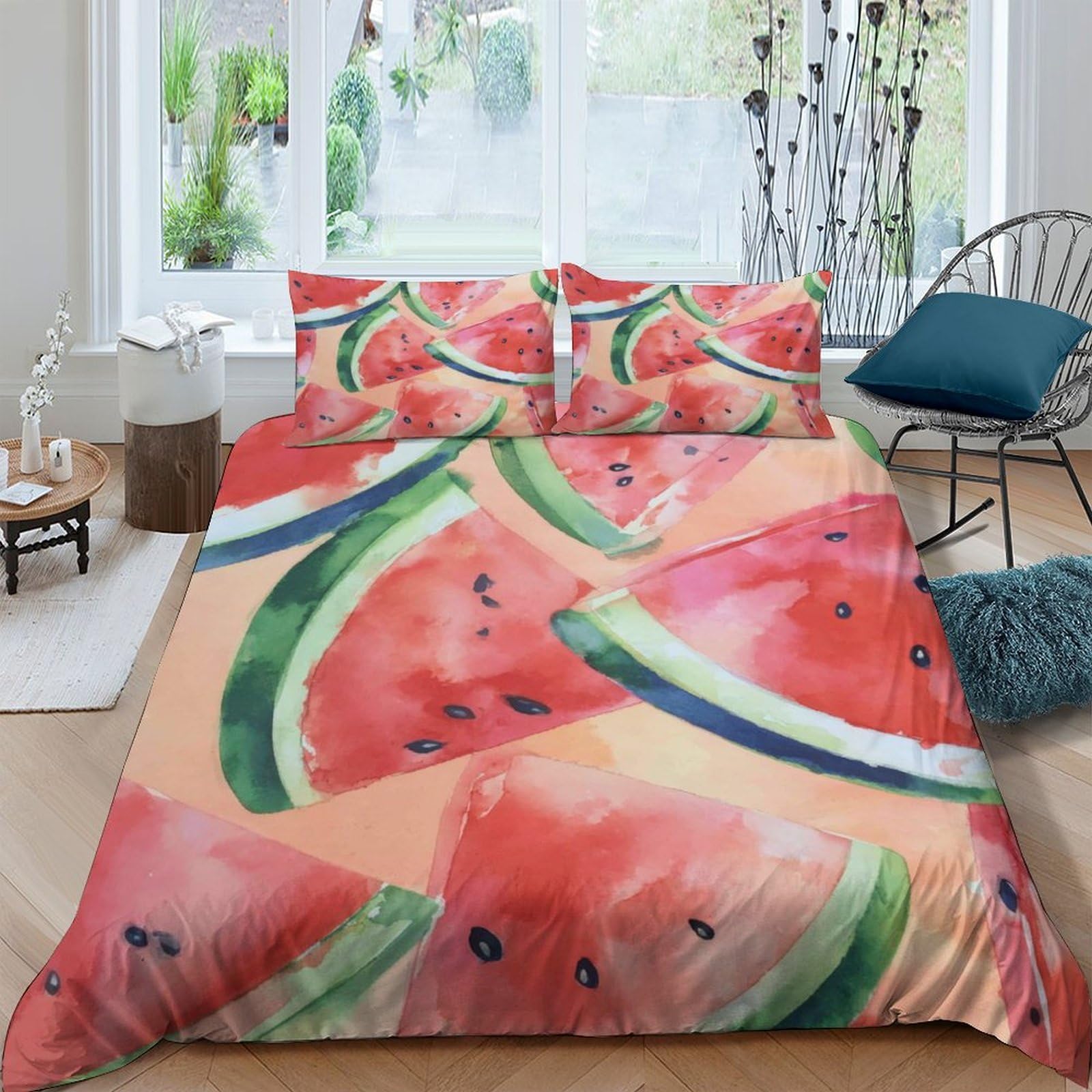 GPLZQXKJNH 3D Printed Watermelon Slice Duvet Cover Microfiber Soft Breathable Fruit Bedding Set with 2 Pillowcases for Bedroom Decor Single（135x200cm）