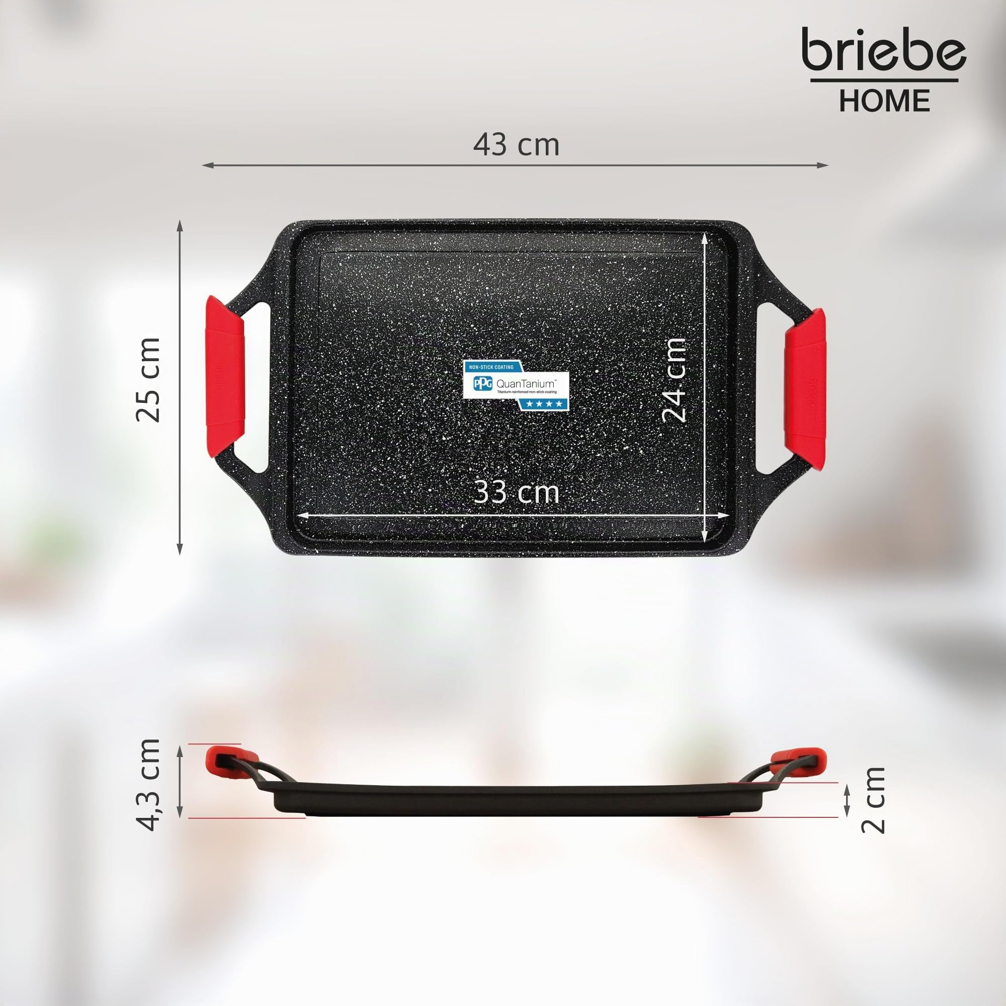 briebe Black Titanium Plaque à Griller Induction Anti-adhésif Titane, Fonte d'Aluminium, Plancha Grill 43 X 25cm, Revêtement sans PFOA, Poignées en Silicone, Vitrocéramique, Gaz, Four
