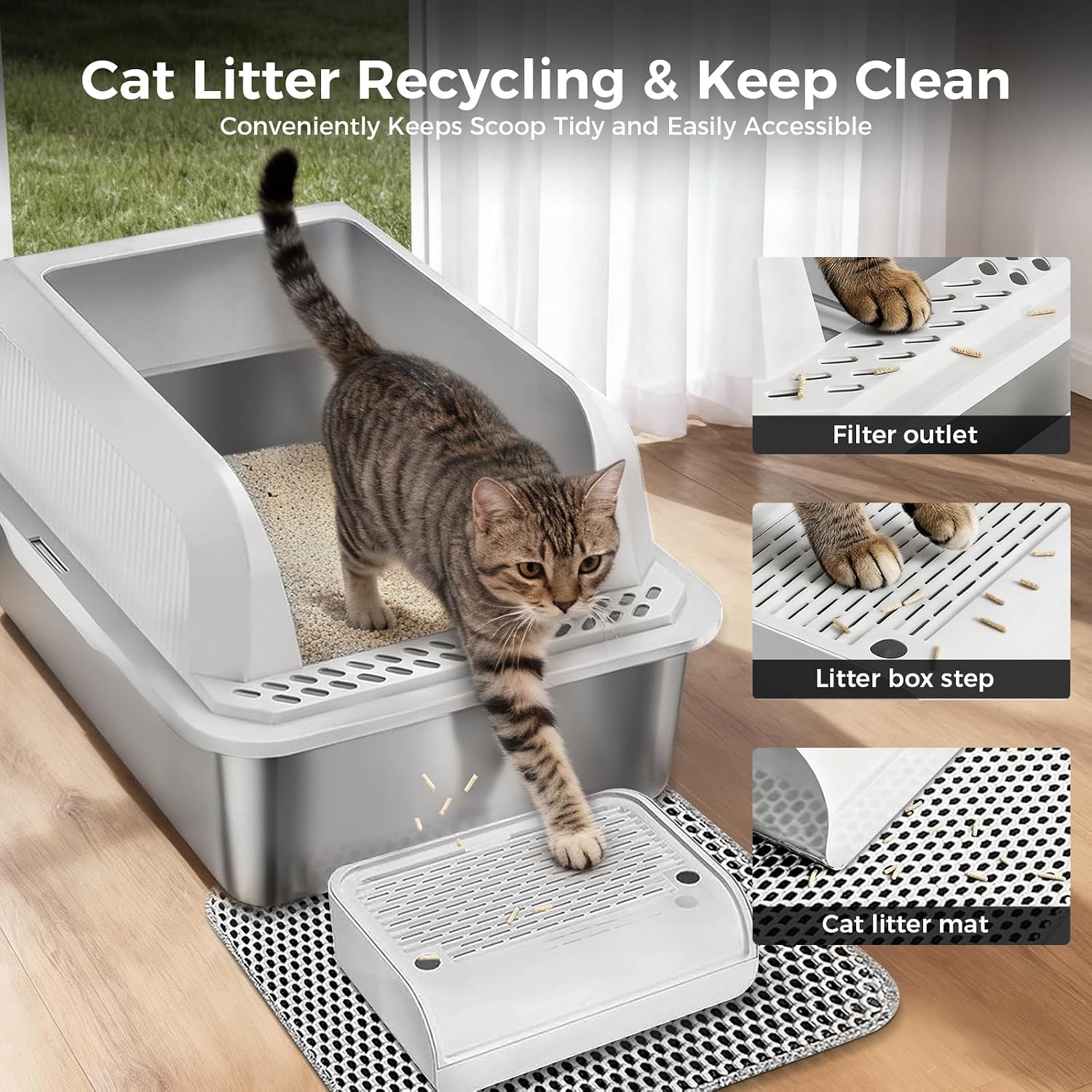 GTPLAYER Stainless Steel Cat Litter Box XL - Extra Large High-Sided Open-Top Metal Litter Box for Large & Multi-Cat Homes, Splash Guard, Low Entry, Easy Clean 304 Steel with Step, Mat & Scoop, White
