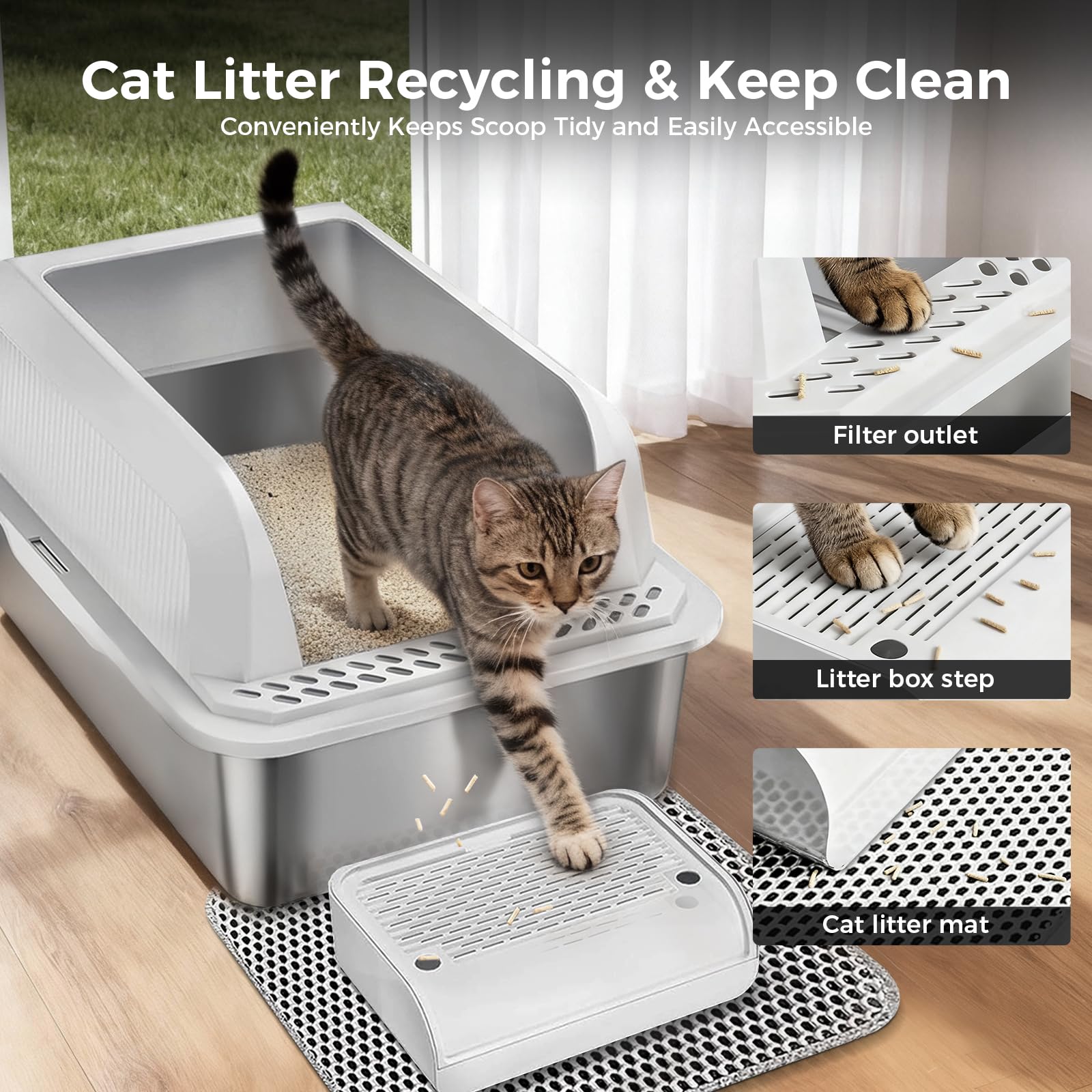 GTPLAYER Stainless Steel Cat Litter Box XL - Extra Large High-Sided Open-Top Metal Litter Box for Large & Multi-Cat Homes, Splash Guard, Low Entry, Easy Clean 304 Steel with Step, Mat & Scoop, White - image 5