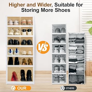 9-Tier 18 Pairs Foldable Shoe Rack,Plastic, Magnetic Doors, White | Easy Assembly,Closet & Entryway,Bottom Wheels,Clear Doors,Fits Boots,Collapsible Shoe Cabinet