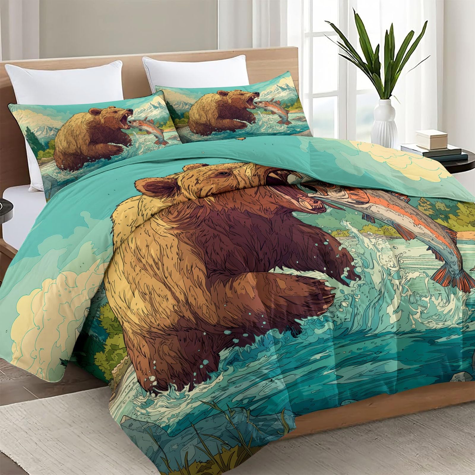 Trapunta 140 x 200 cm, con stampa di cartoni animati animali della giungla orso marrone reversibile, Edredon Piumino con 2 federe, per estate inverno adulto tutte le stagioni, marrone