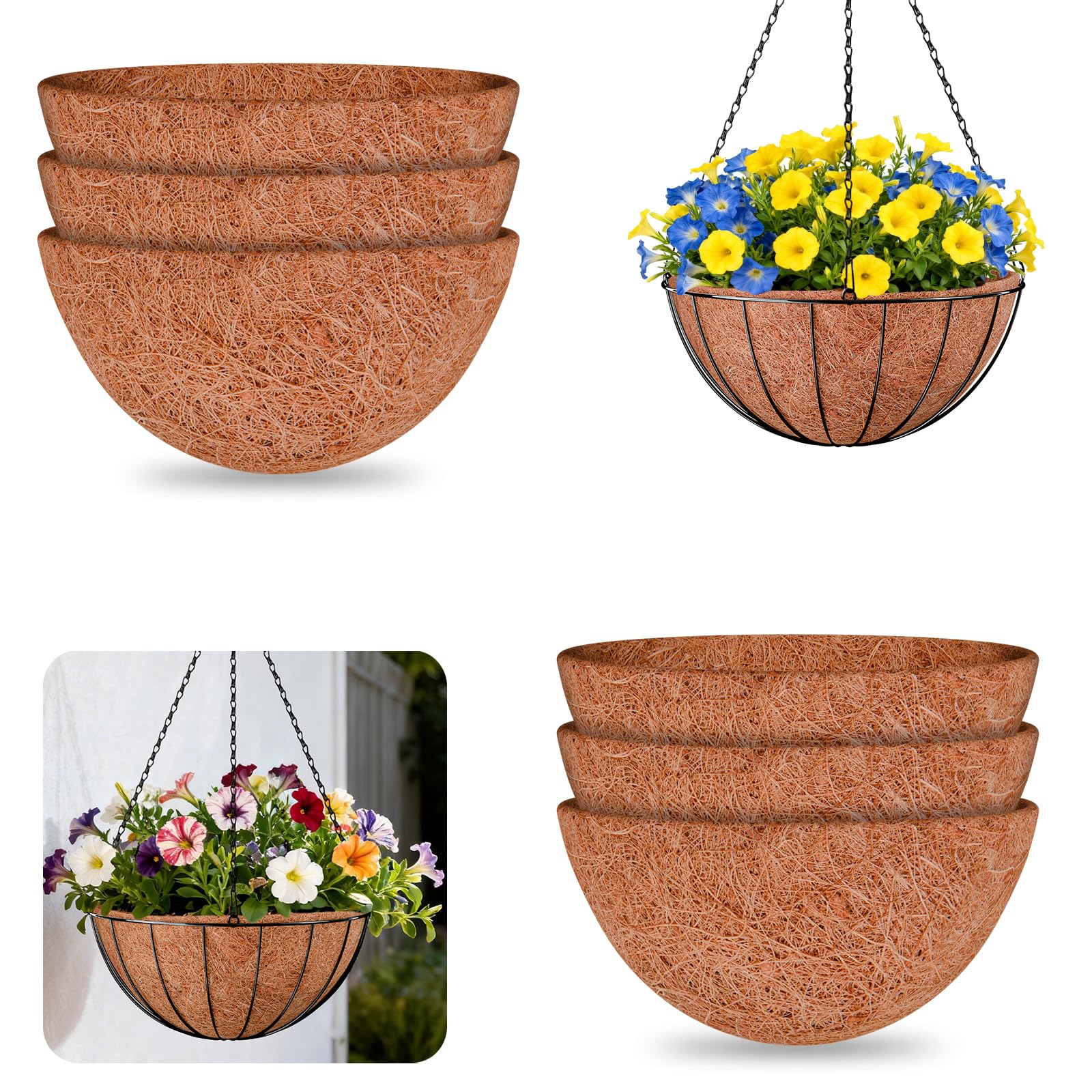 Halatool 14 Inch 6 Pack Hanging Basket Coco Liners Replacement, Round Coconut Liners for Planters Baskets, Made of 100% Natural Coco Fiber for Flowers Vegetables Garden, Drainage & Retain Moisture