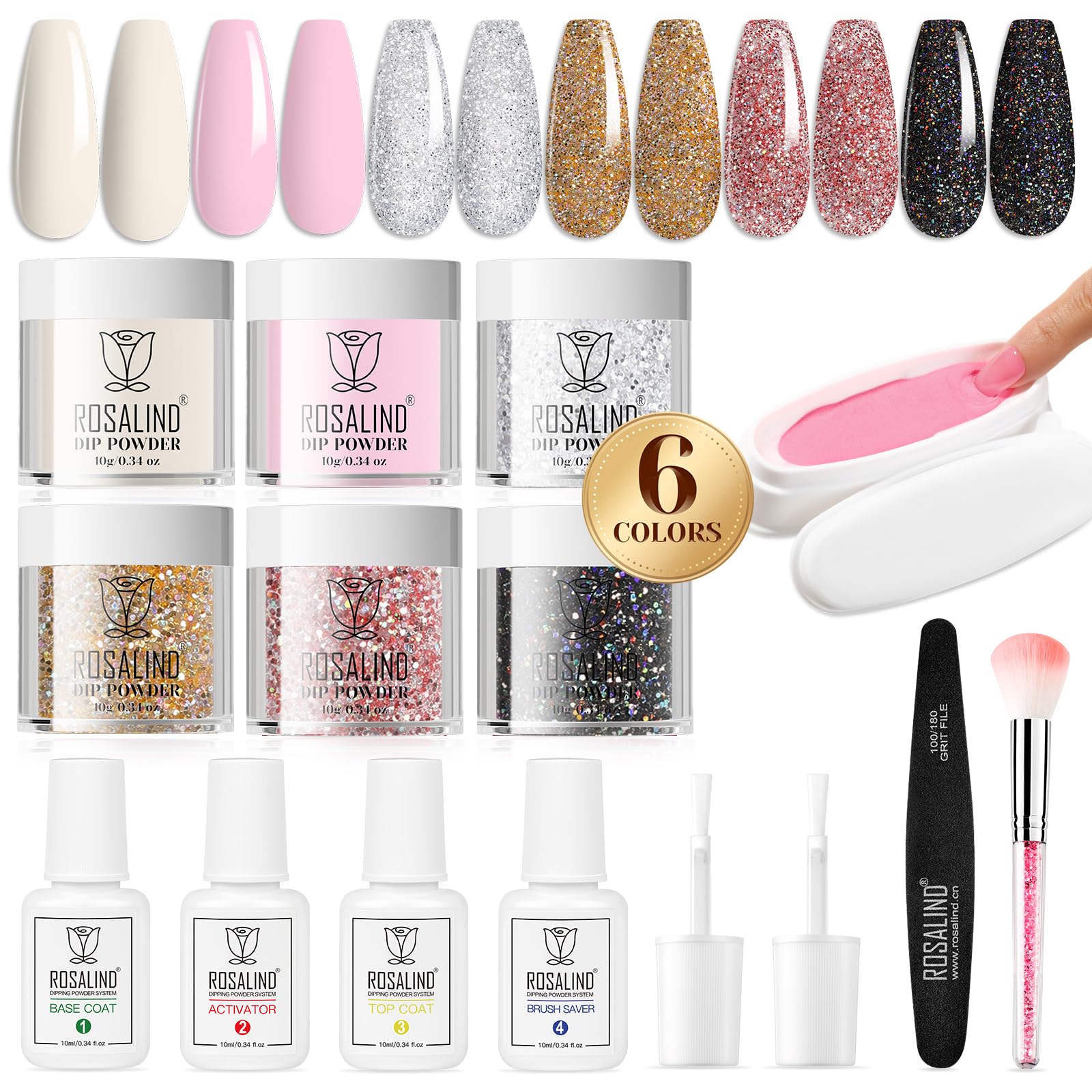 ROSALIND 13PCS Dip Powder Kit, Pink Red Black Glitter Dip Nails Powder Starter Kit Glod Sliver Sparkle Nail Dip Powder Kit with Dip Powder Liquid Set for French Nail Art No UV Lamp Needed