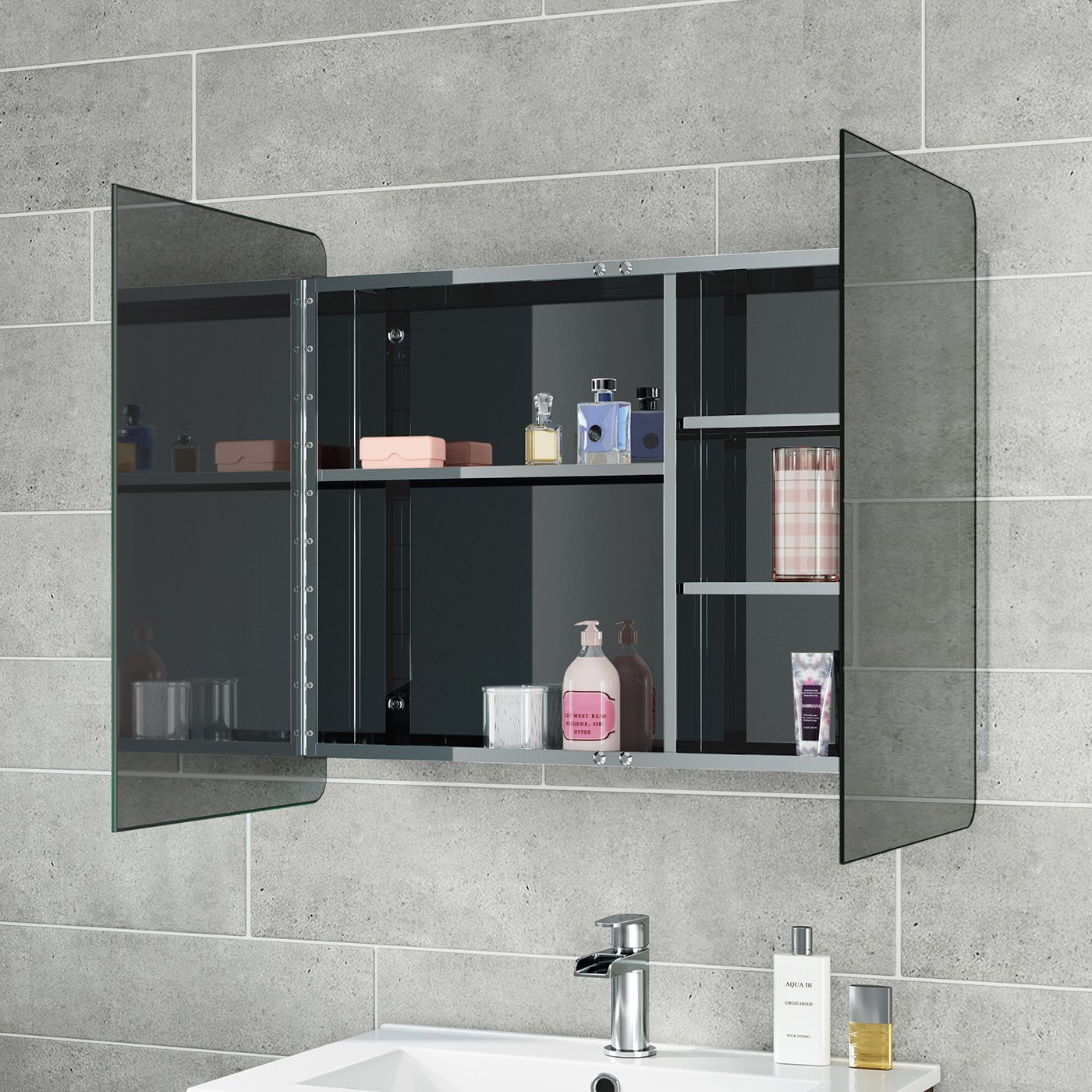 iBathUK Double Door Stainless Steel Wall Mounted Mirror Cabinet Storage Unit MC202