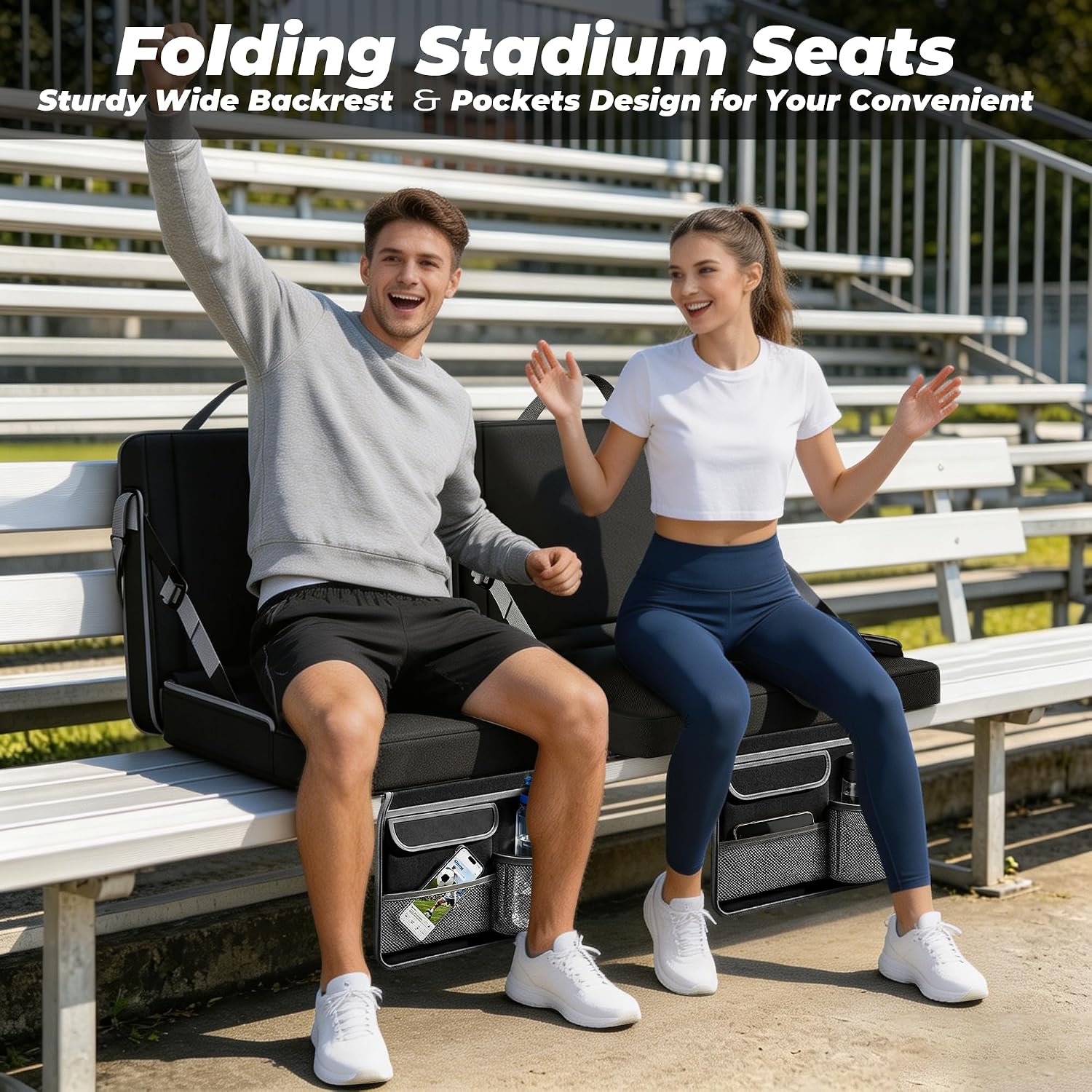 Stadium Seats with Back Support, Portable Folding Bleacher Chairs with Padded Cushion & Storage Pockets, Lightweight Stadium Seat Cushion for Sports Events, Camping & Park (2, Black Grey, Extra Large)