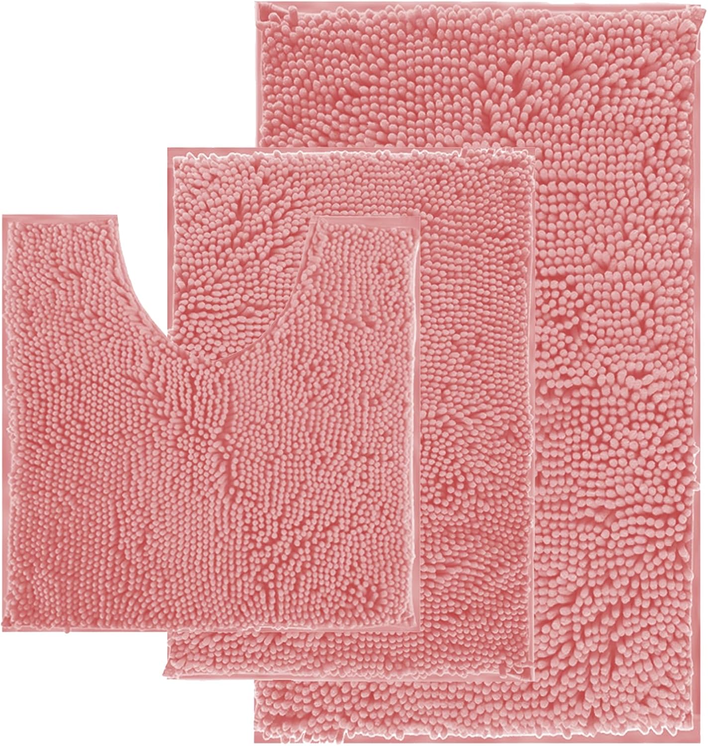 Pink Bathroom Rugs Chenille Bath Mat Set 3Piece Bath Rugs