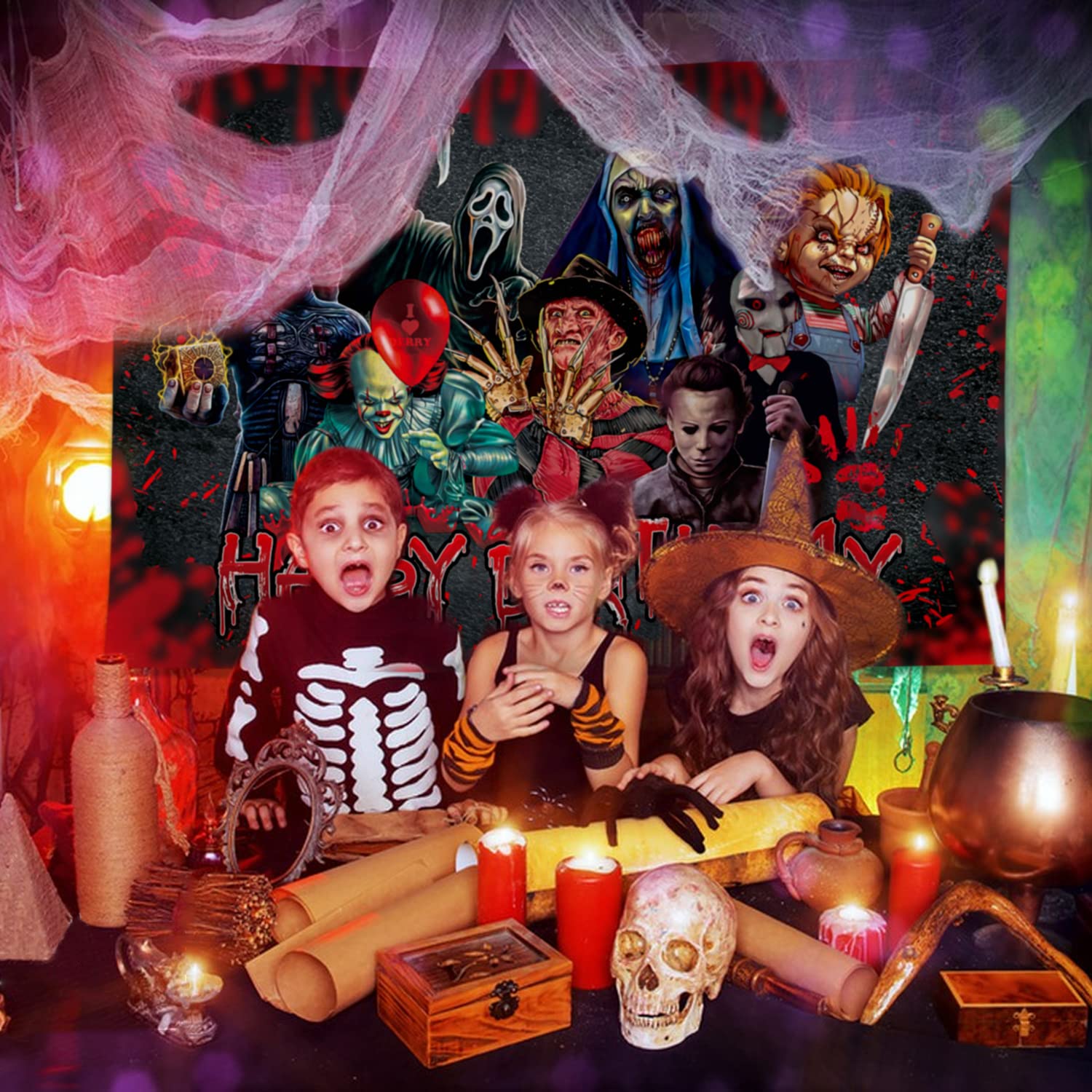Bannière Halloween "Do You Like Scary Movies" - Paillettes Noires Et Rouges Avec Gouttes De Sang, Pour Soirée Film D'horreur