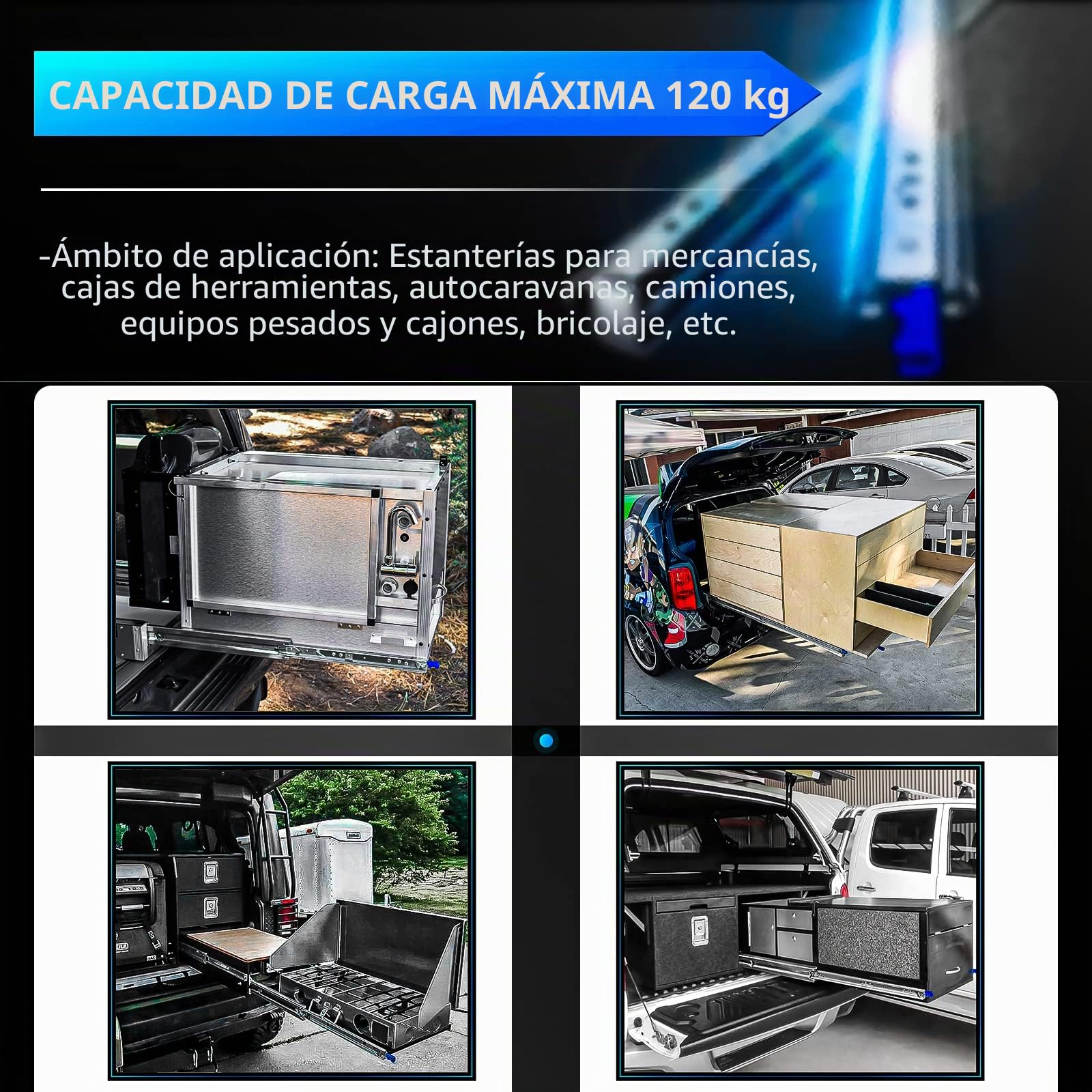 AOLISHENG Guias Correderas Para Cajones Con Freno 500mm Extensión Completa Para Trabajo Pesado Rieles Para Cajones 120 KG Capacidad Carga con cerradura 1 par (2 piezas)