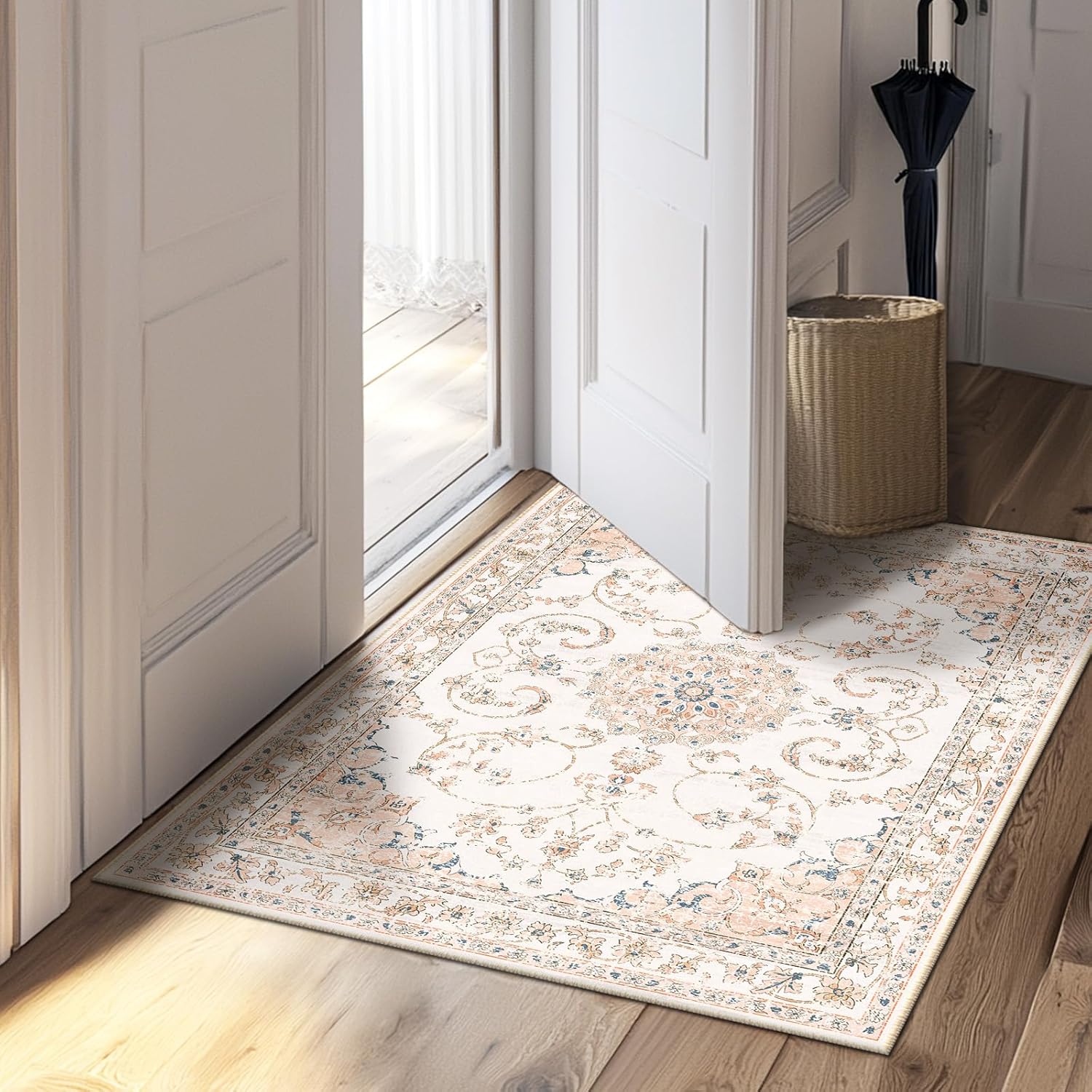 2x3 Rug, Low Pile Vintage Floral Rugs, Washable Non Slip Water Repellent Distressed Print Carpet for Living Room, Bedroom & Dining Room, Blue Orange Pink