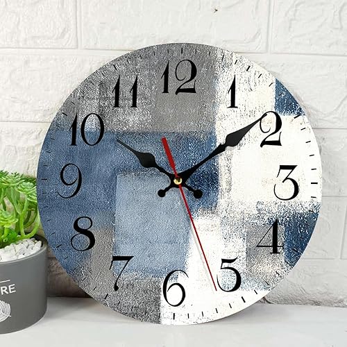 ArtSocket Reloj de pared de madera, silencioso, sin tictac, azul, blanco, gris, pintura abstracta, gris, vintage, líneas modernas, relojes de pared