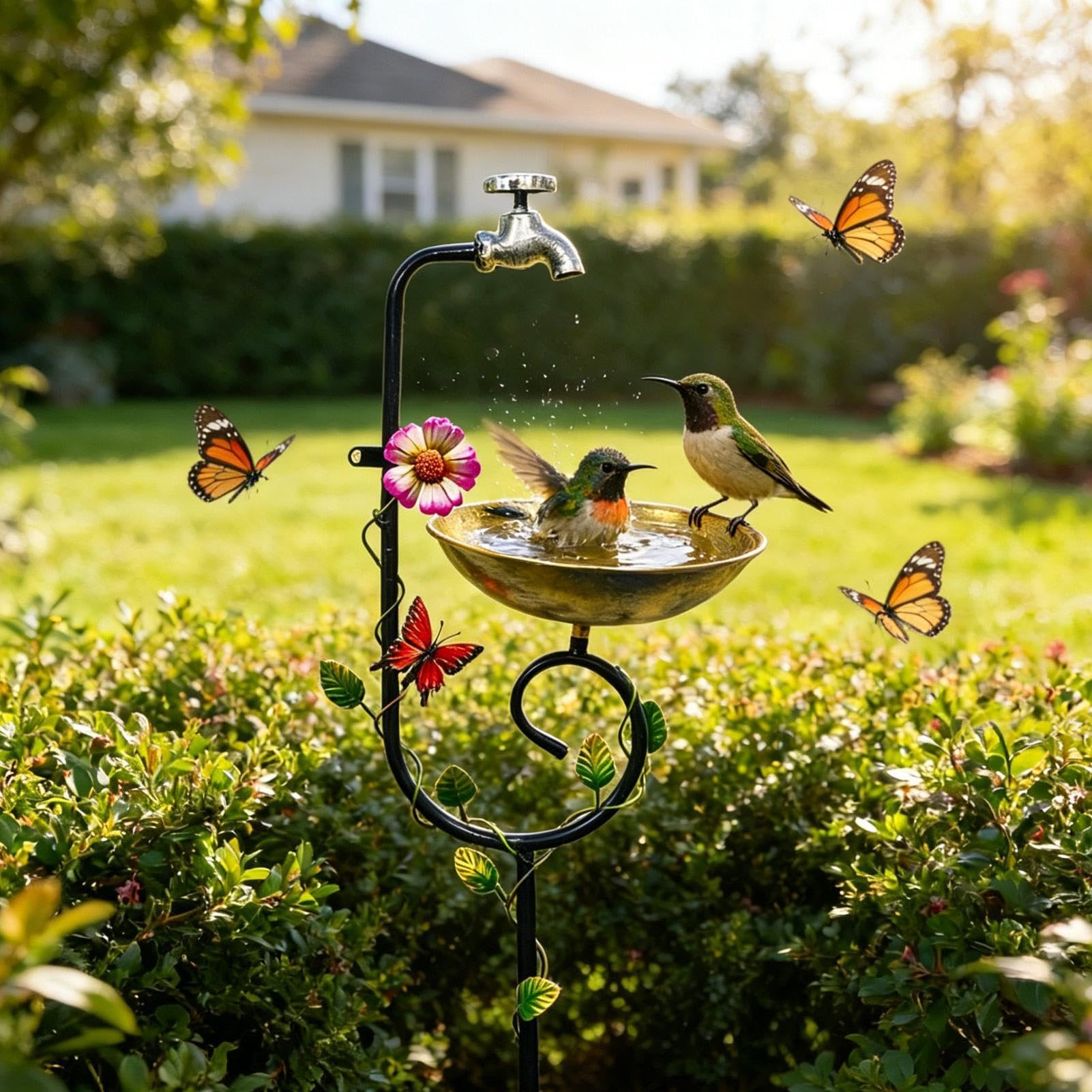 Vasca per uccelli a forma di rubinetto, in metallo, per colibrì, pettirossi, farfalle, cortile, terrazza, giardino