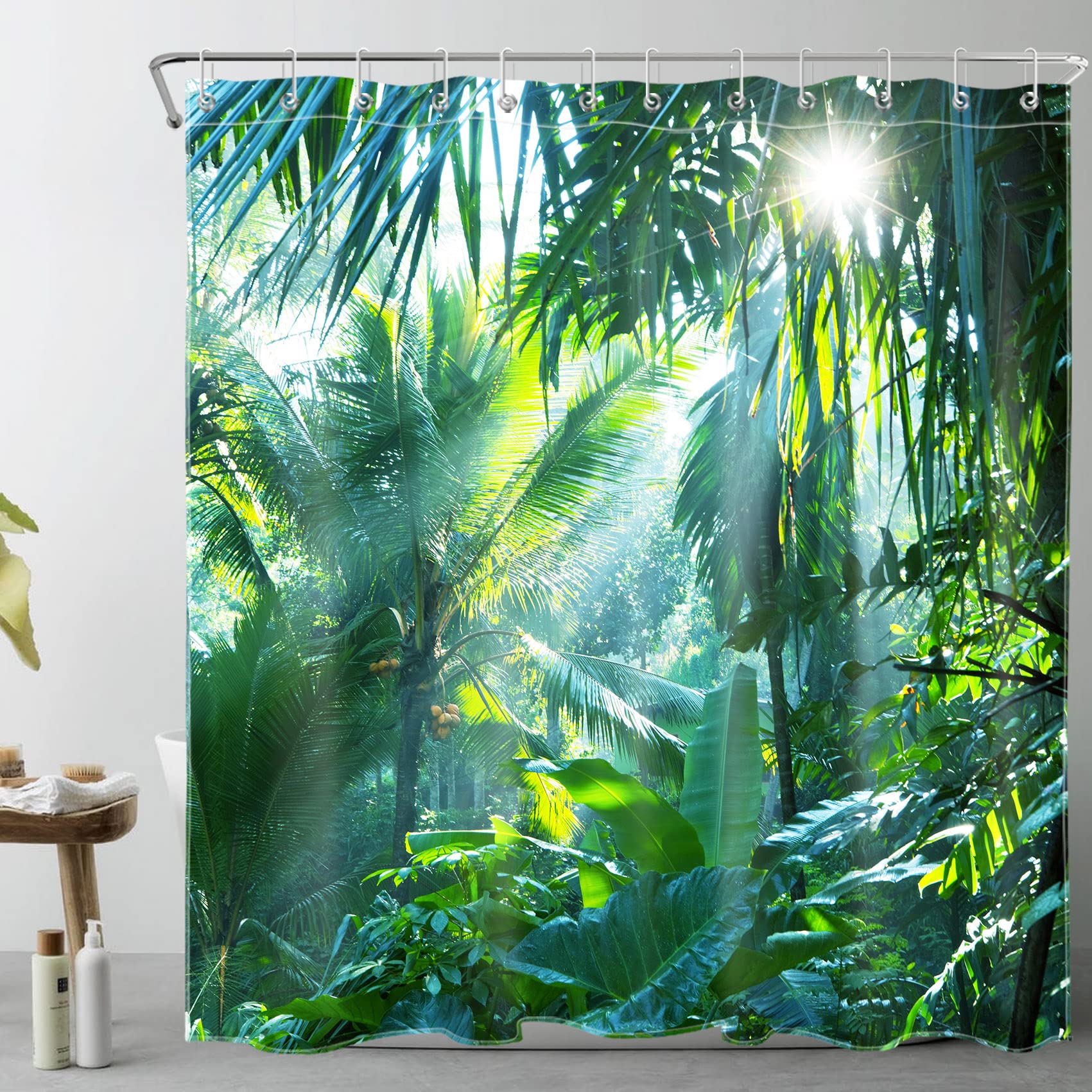 LB Zielony las tropikalny Zasłona prysznicowa do łazienki z 16-częściowymi haczykami, 240x175cm