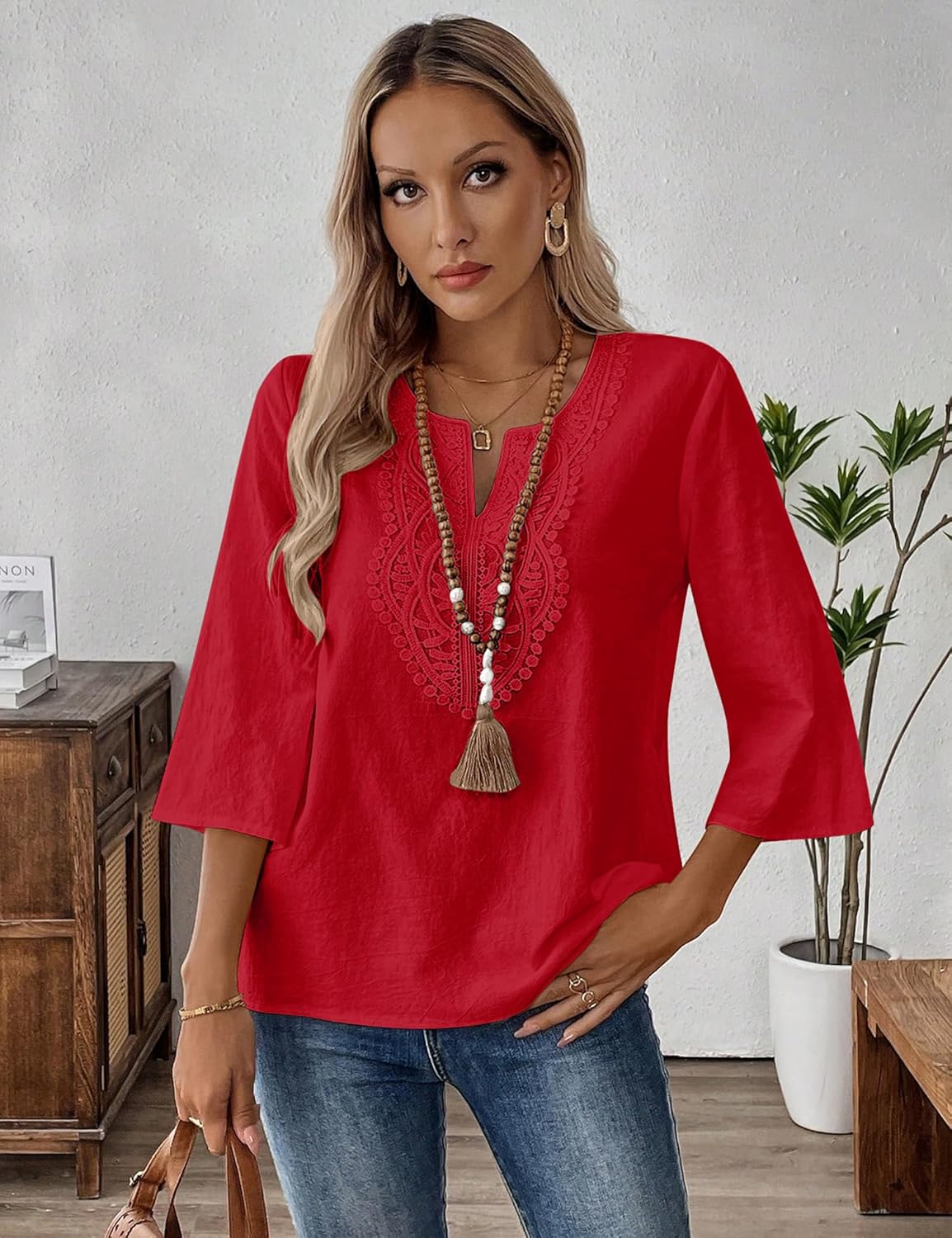 LOMON Womens 3/4 Sleeve Tops Cotton Linen Shirts V Neck Lace Casual Loose Fit Blouses Boho Fashion - Image 3