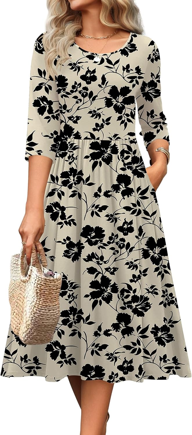 Zeagoo 3/4 Sleeve Women's Dress Casual Flowy A-Line Midi Tshirt Dresses with Pockets Crewneck Vocation Boho Beach Sundress - Image 2