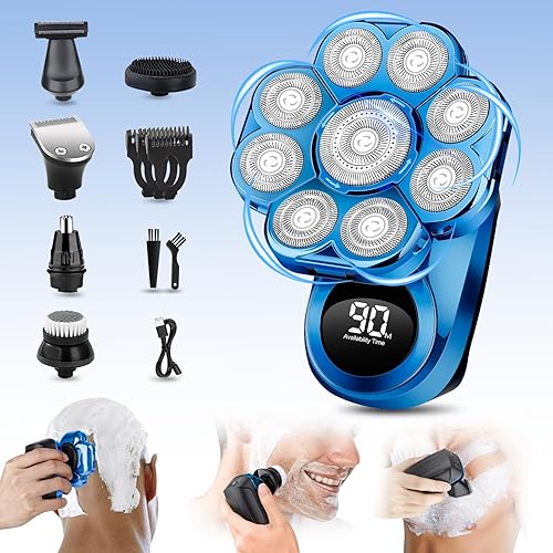 Afeitadora eléctrica 9D para hombres calvos, afeitadora de cabeza mejorada 6 en 1 para hombres calvos, kit de aseo impermeable en húmedo y seco,