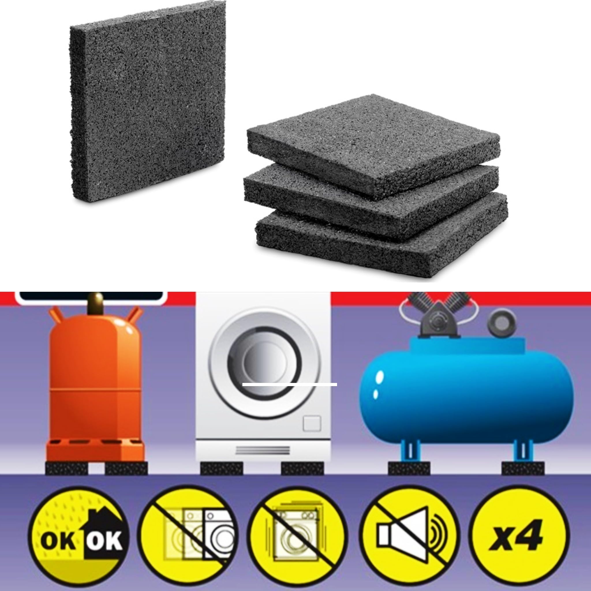 Bricoloco Pastiglie antivibranti Lavatrice e Altri elettrodomestici e macchine pesanti. 75 x 75 x 10 mm. in gomma resistente e durevole ad alta ammortizzazione (16)