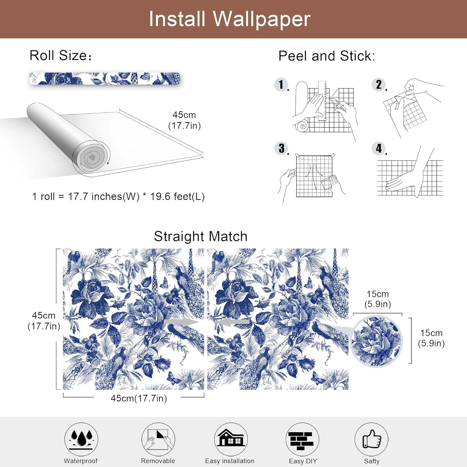 Toile Peacock Wallpaper – Blue and White Vintage Floral Wallpaper with Birds, Palms, and Roses – French Country Botanical Wall Paper for Bedroom, Living Room, or Accent Wall, 17.7in x 236in