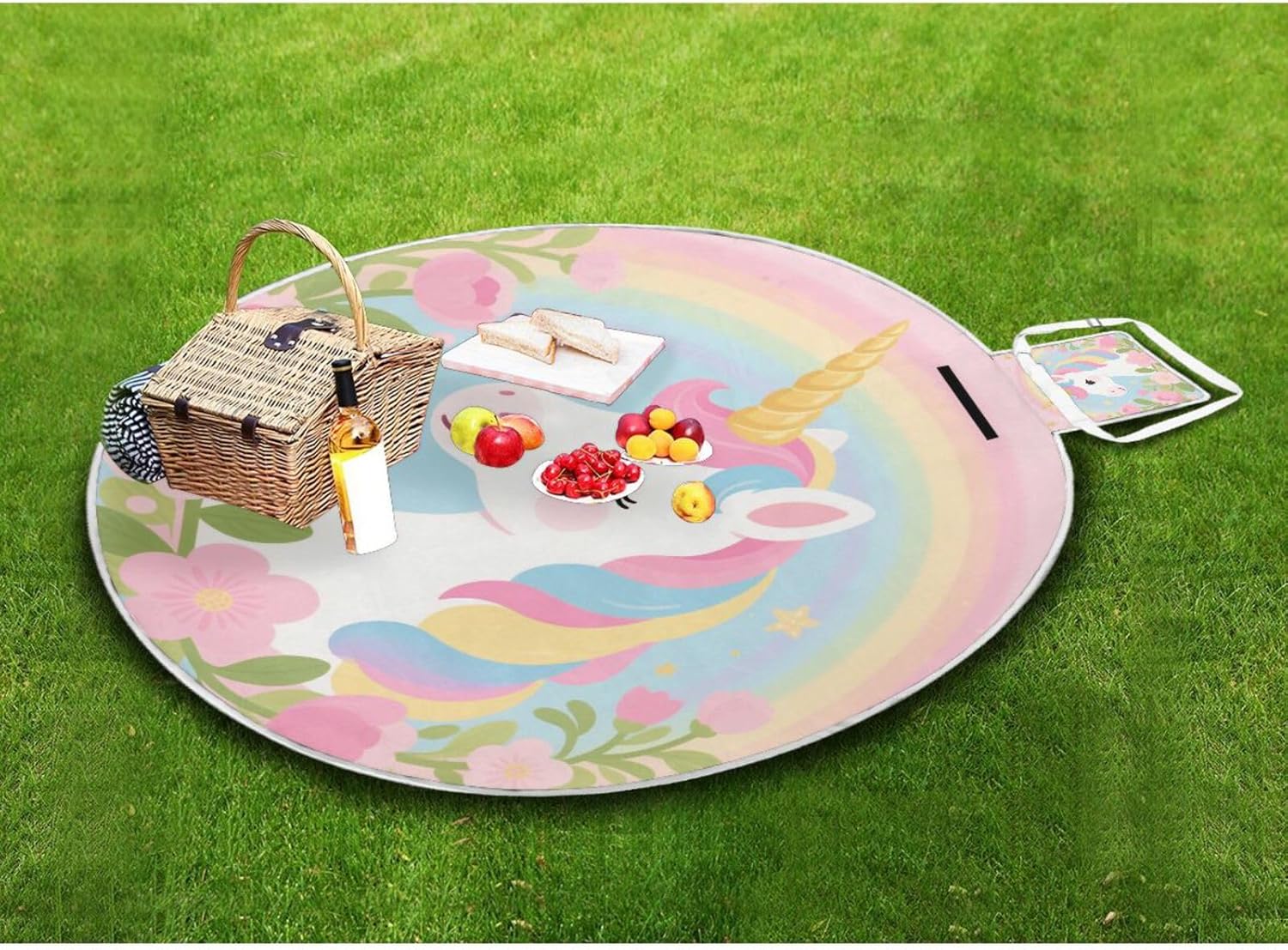Round Outdoor Blankets - Fits 2 Adults, Summer Accessories Cute Hiking Blanket for Beach Mat or Family Outdoor Camping Party 58 in (Cute Cartoon Unicorns)