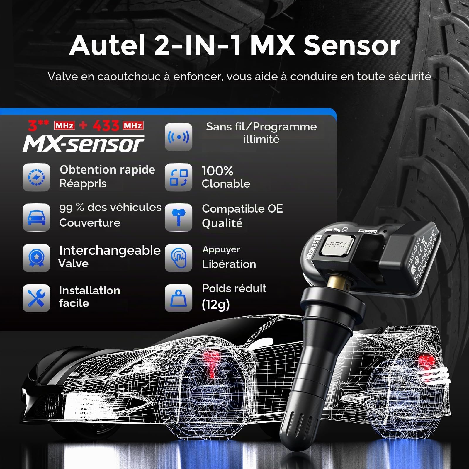 Autel TPMS Sensor MX-Sensor, Double Fréquence Capteurs TPMS pour 99% Voitures, Fonctionne avec TS508WF TS408S TS501Pro TS601, Niveau OE Programmable & Clonable TPMS Sensor (Valve en Caoutchouc, 4PCS)