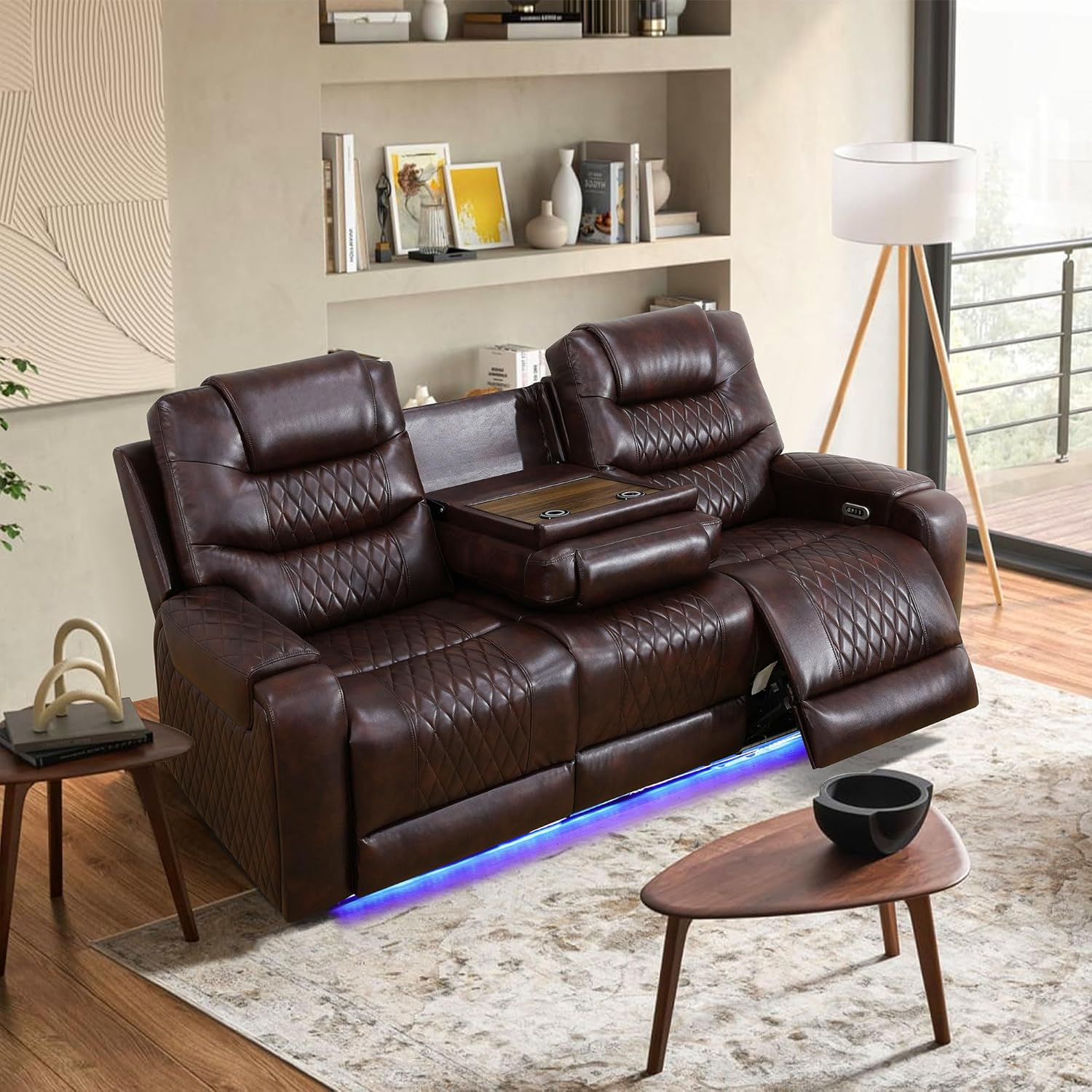 3 Piece Leather Reclining Living Room Set, Power Recliner Sofa Set, Breathing Leather Reclining Couch Set with Storage Console/Cup Holders/LED Light for Home Theater (Brown)