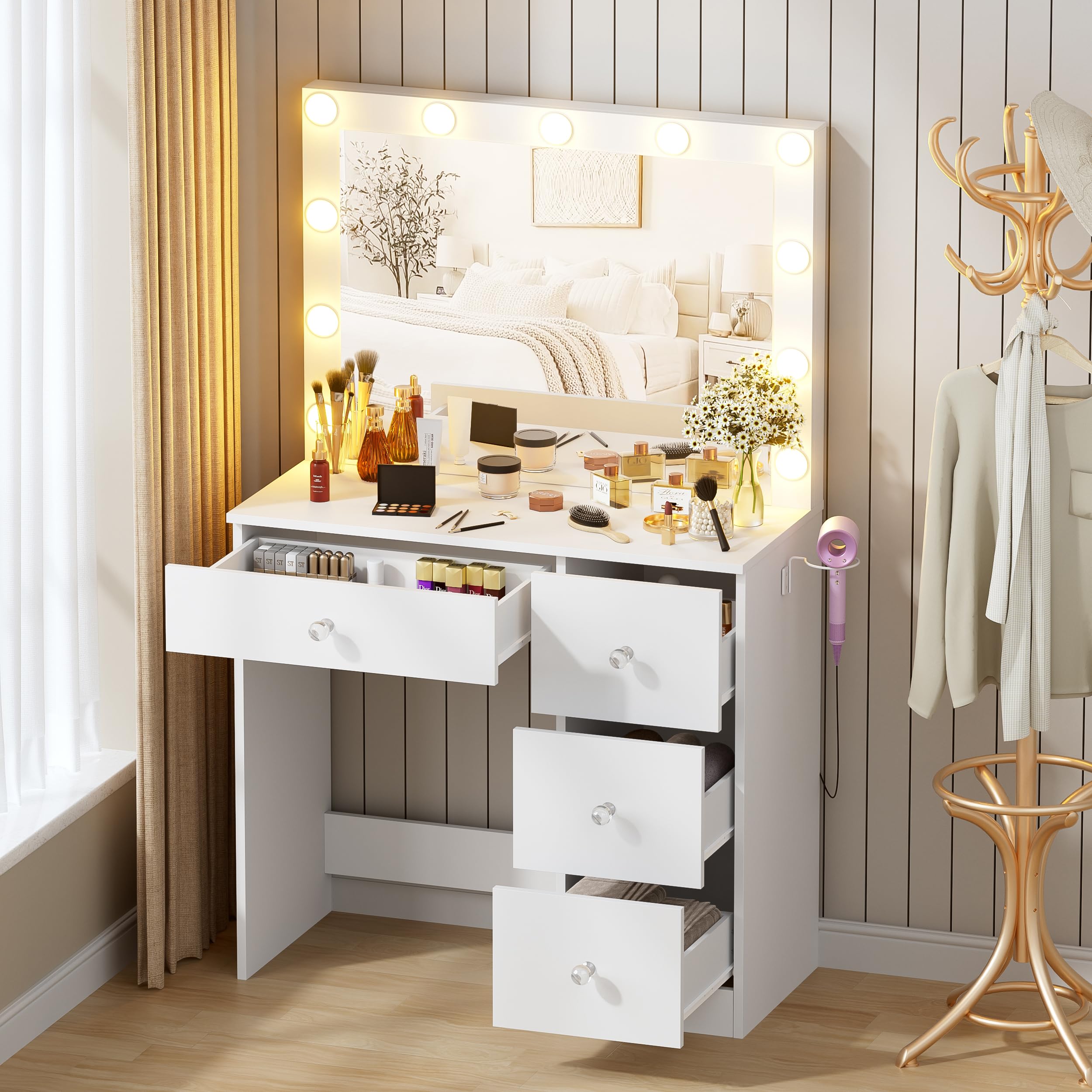 Tocador de Maquillaje con Espejo de Luz LED Mesa de Maquillaje con Espejo Grande Mesa de Tocador con 1 cajón Grande y cómoda de 3 cajones Mesa de Maquillaje Moderno para Dormitorio,Blanco 80x135x40CM