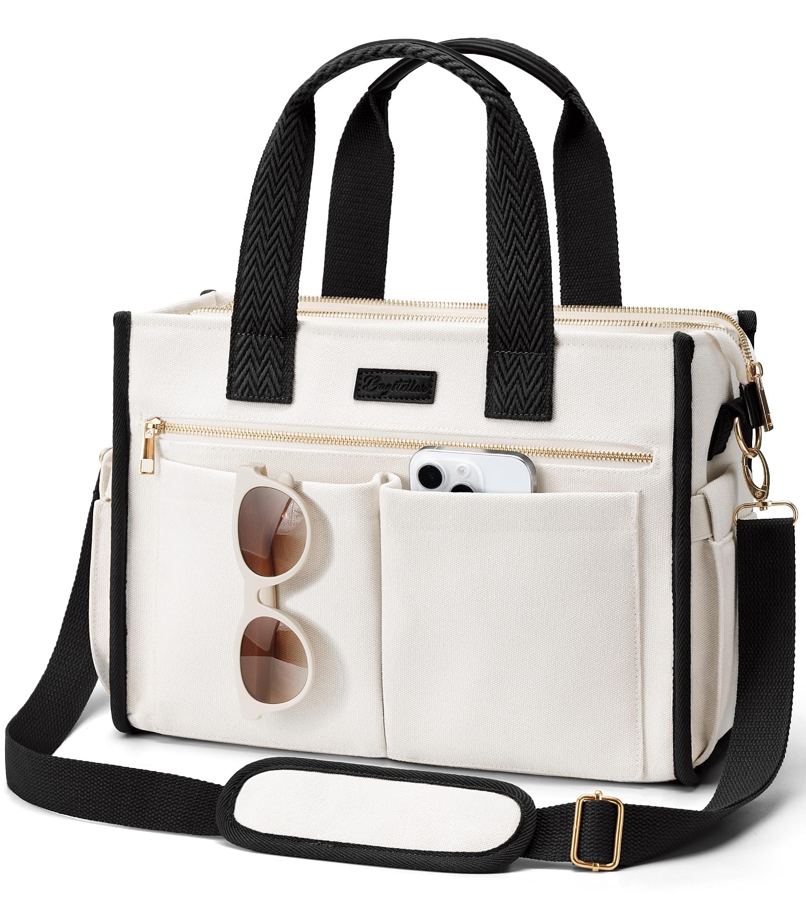 Canvas Tote Bag for Women, 15-Pockets Work Laptop Tote Purse Large Crossbody Nurse Teacher Bible Bag for School Travel Daily
