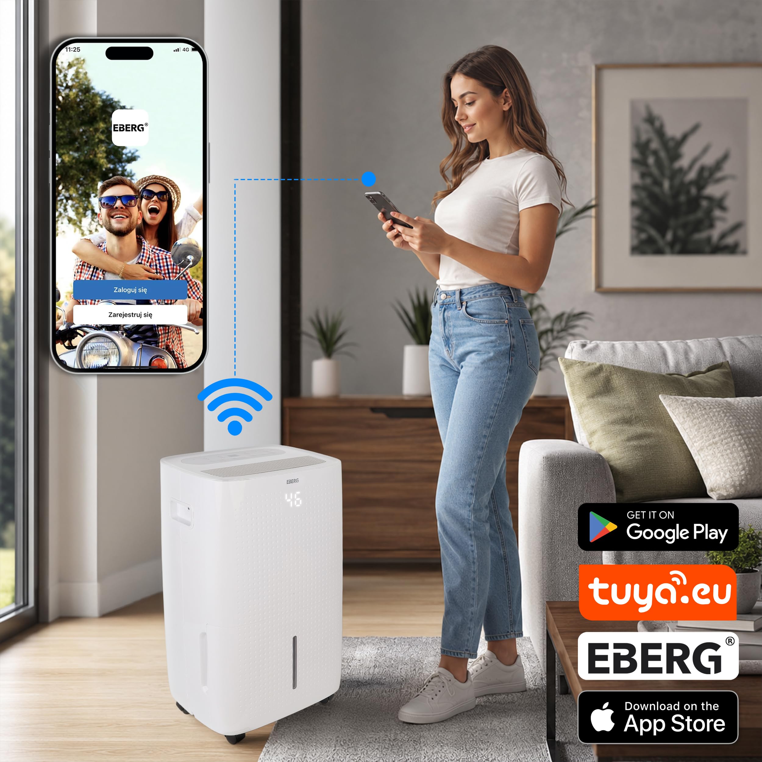 EBERG BROX Osuszacz powietrza 60 l/24 h z WiFi, higrostatem, 8 l zbiornikiem, 3 prędkościami wentylatora i drenażem ciągłym, osuszacz do domu, biura i suszenia prania