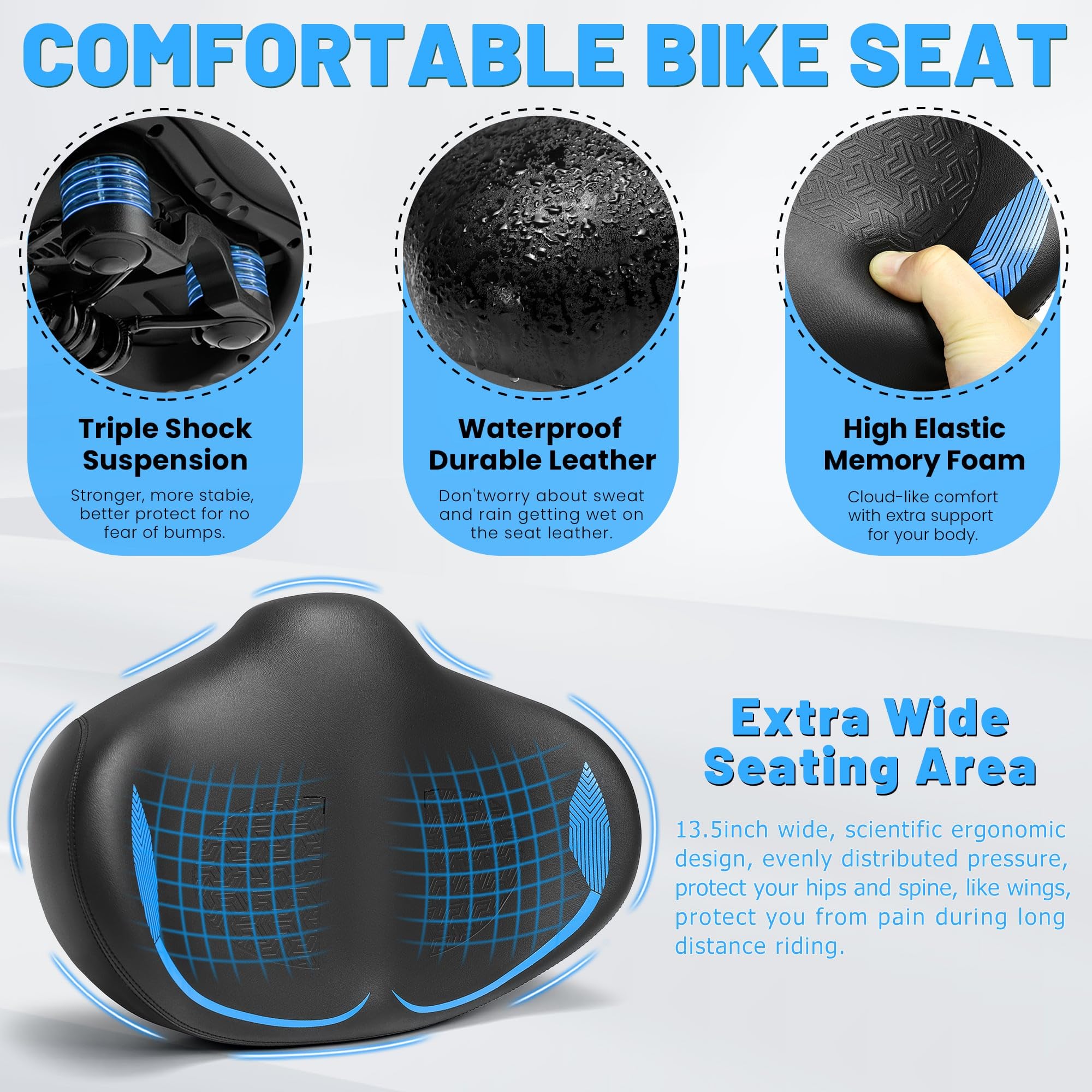 CDYWD Sellino per bicicletta oversize per uomo e donna, con cuscino extra largo per sellino per bicicletta, imbottito, grande sella di ricambio per Peloton, cyclette, Ebike, Cruiser, City Bike